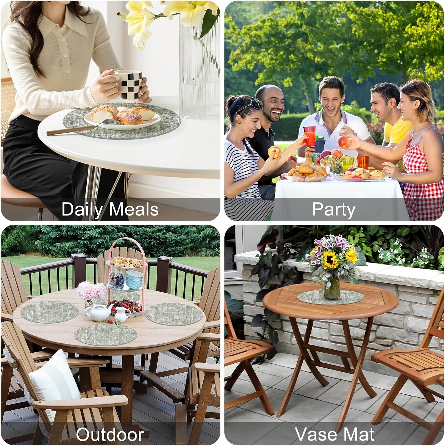 Homaxy Round Faux Leather Placemats and Coasters, Set of 8, Grass Green | Washable Dual-side Table Mats, Wipeable Place