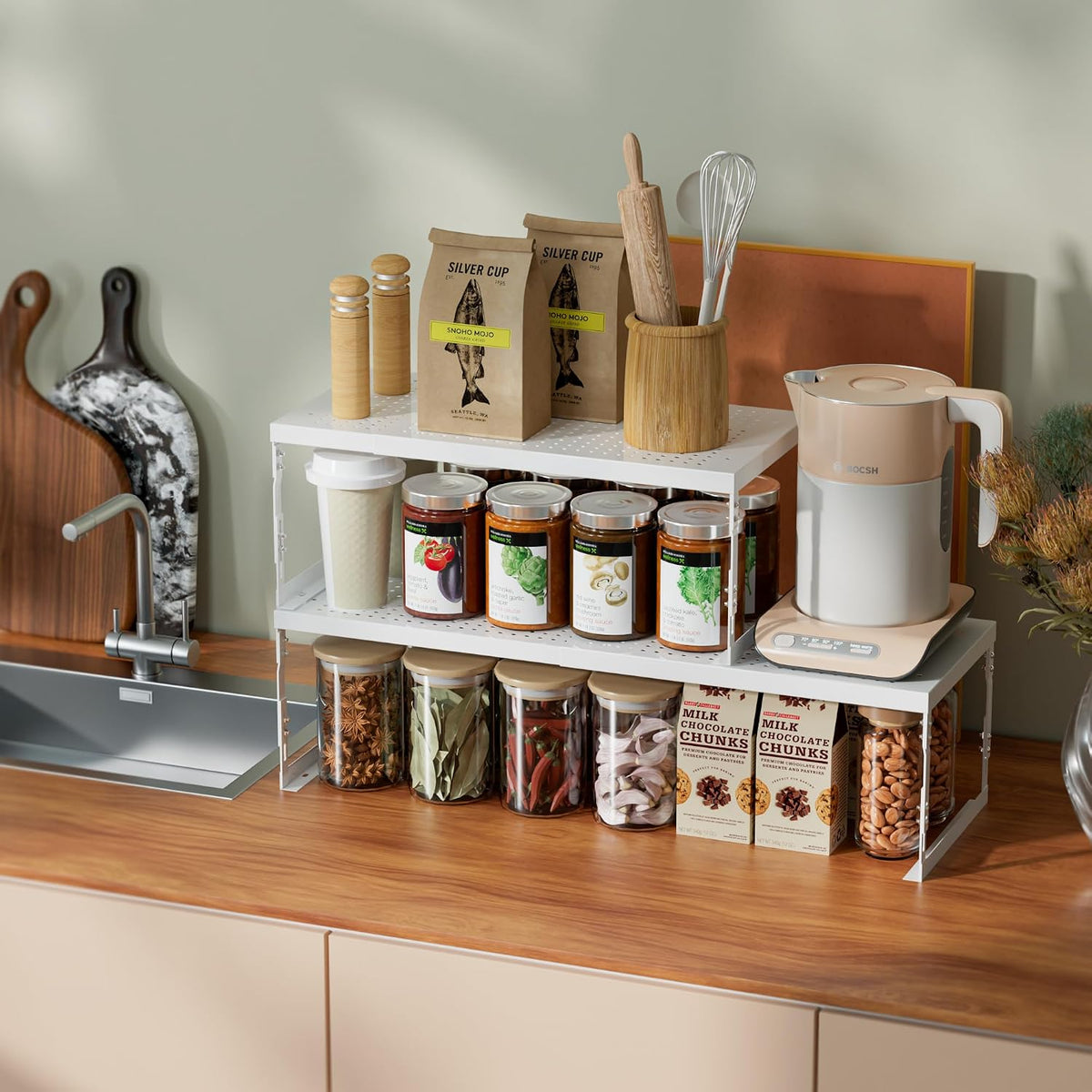 Jojocross Adjustable Stackable Metal Storage Shelf Organizer - Expandable Wire Rack with Perforations for Kitchen