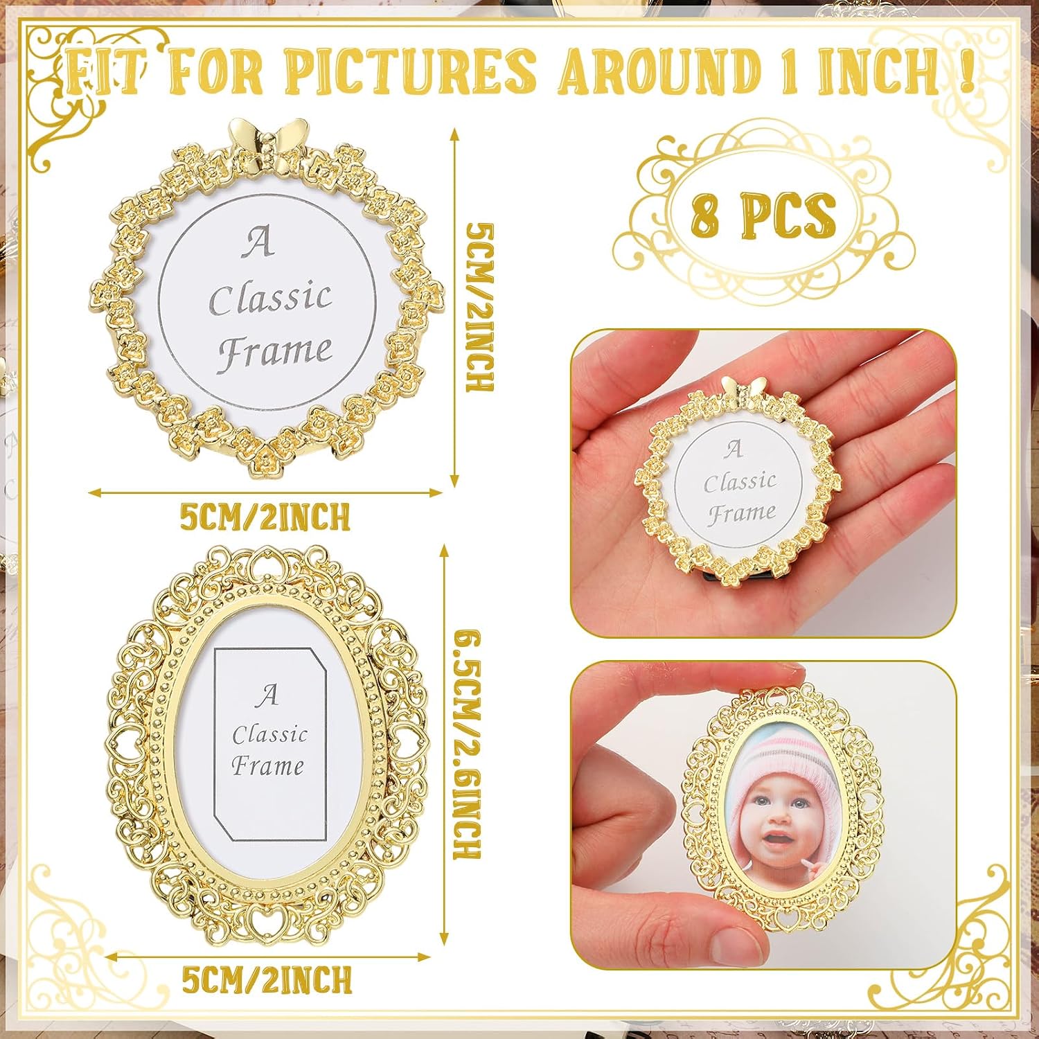 One- Mini Vintage Picture Frame Tiny Metal Picture Frames Antique Mini Photo / Golden / Set of 8