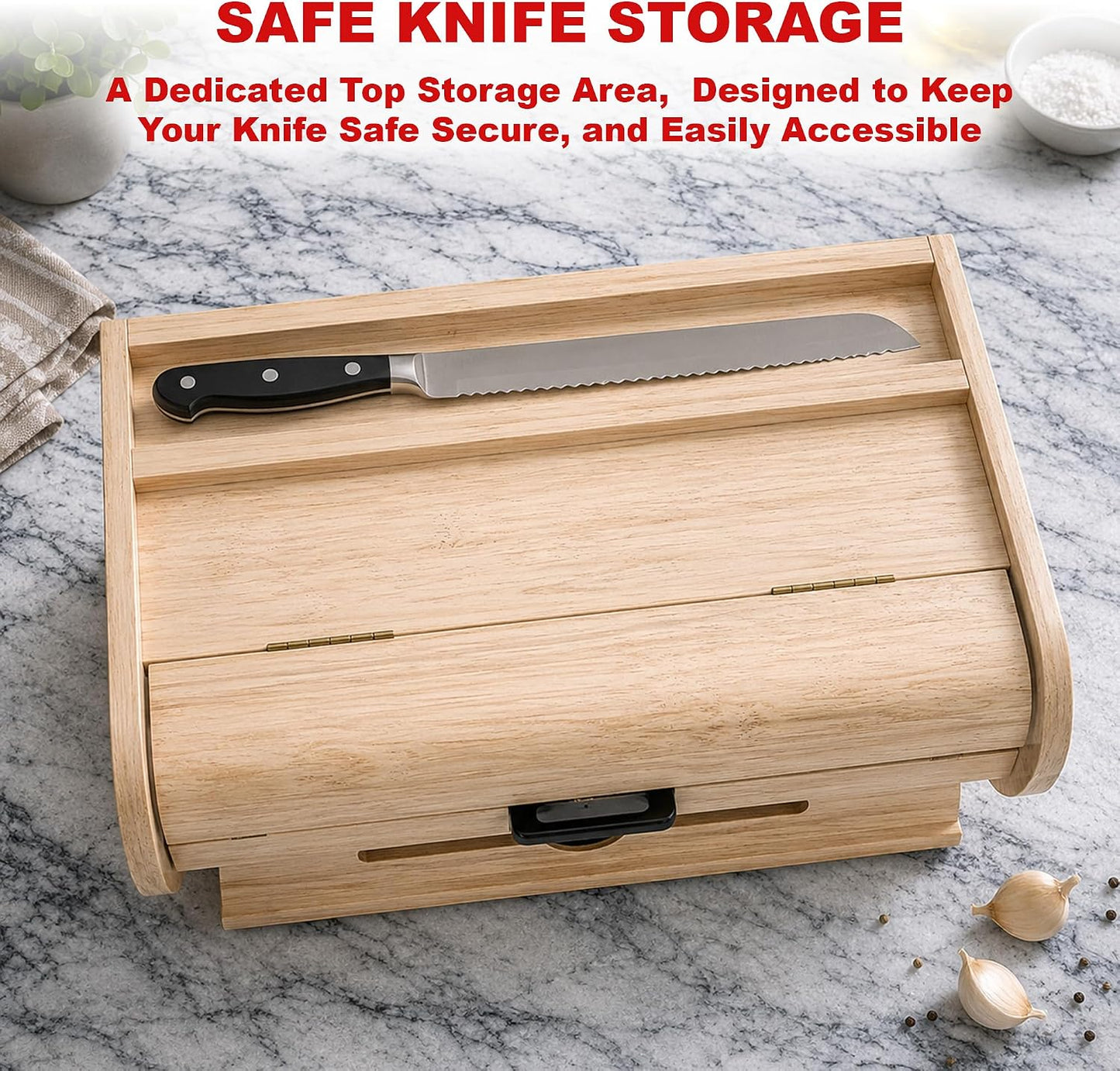 KNIFEPLANET Premium FULLY ASSEMBLED Bamboo Bread Box – Extra Large Real Wood Bread Box for Kitchen Countertop Storage