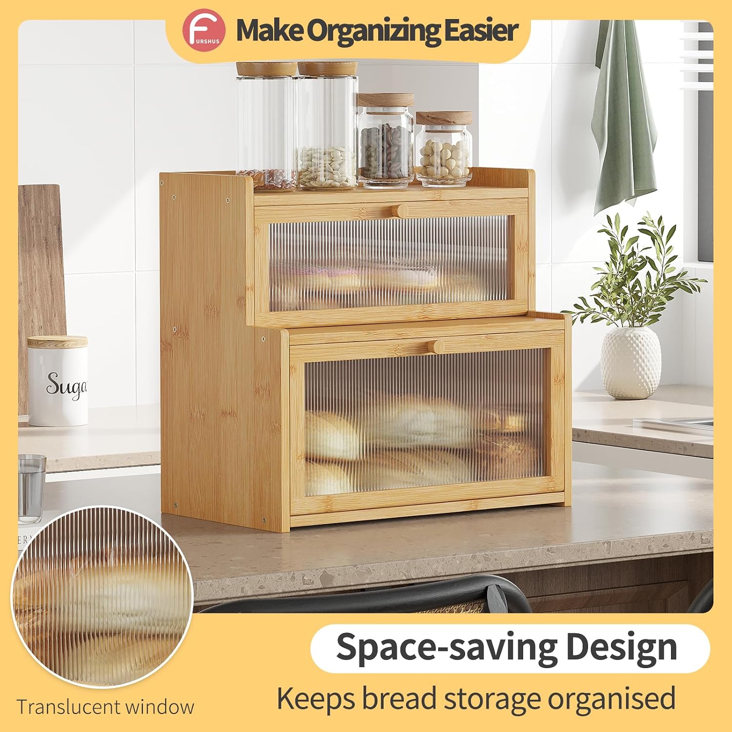 Double Layer Bamboo Bread Box for Kitchen Counter,Bread Holder,Countertop Bread Storage with Window (Natural)
