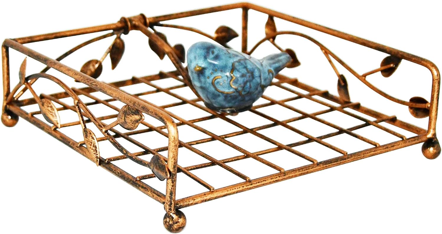 Collection Coated Metal Flat Napkin Holder Dispensing Stand w/Ceramic Bird / Bronze / One Size