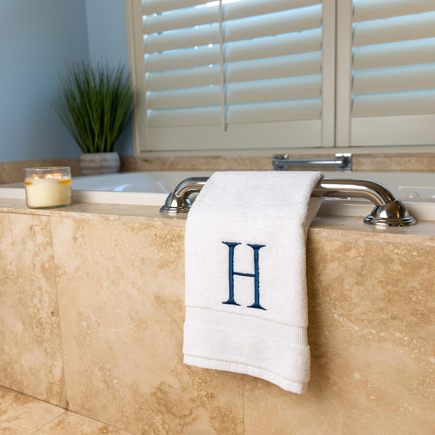 White with Navy Monogrammed Hand Towels for Bathroom - Set of 2 Letter H | Luxury Hotel Quality Initial Towels For