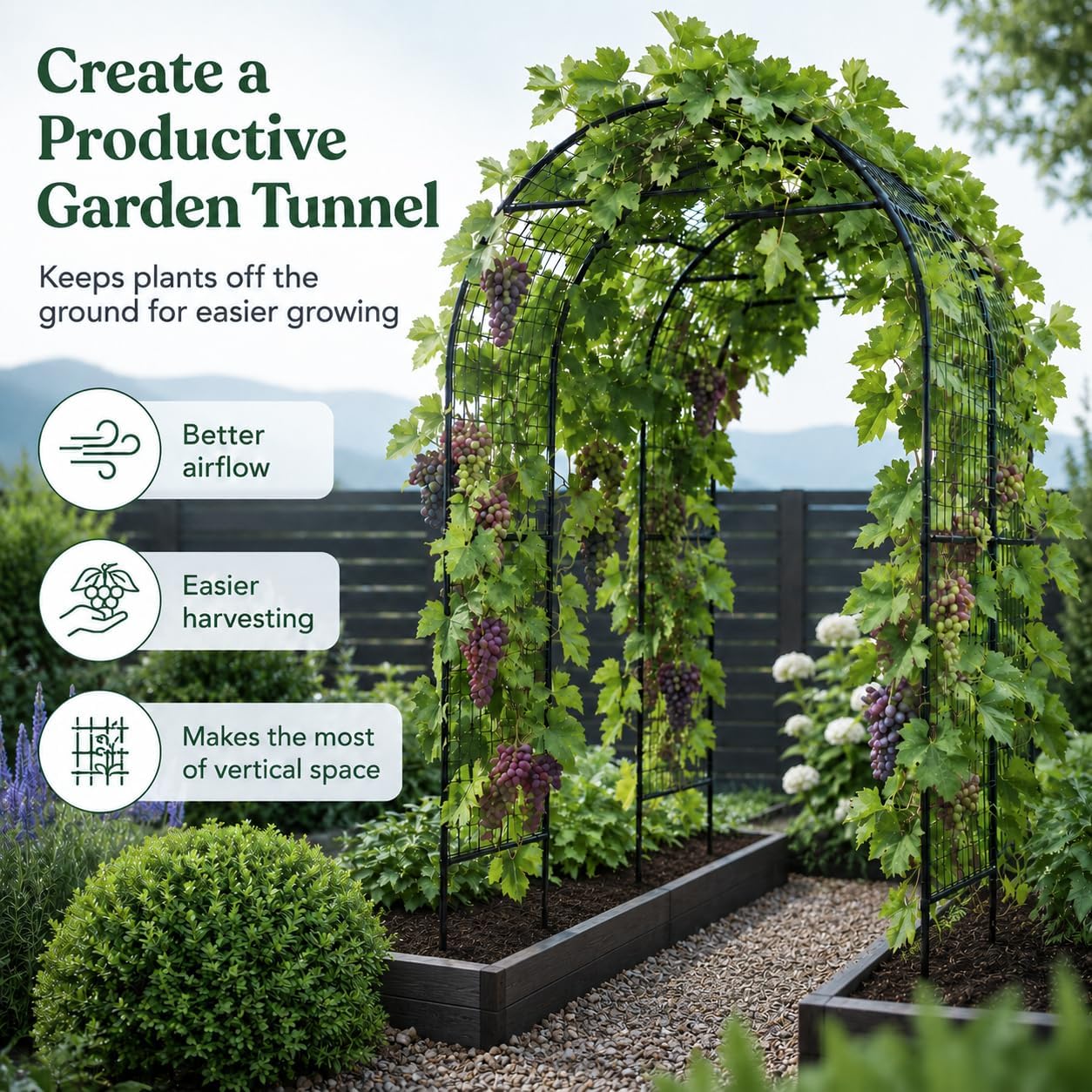 FOLLOOK Garden Arch Trellis for Climbing Plants Outdoor, 7.8 ft, Black | Cucumber Trellis for Raised Garden Bed
