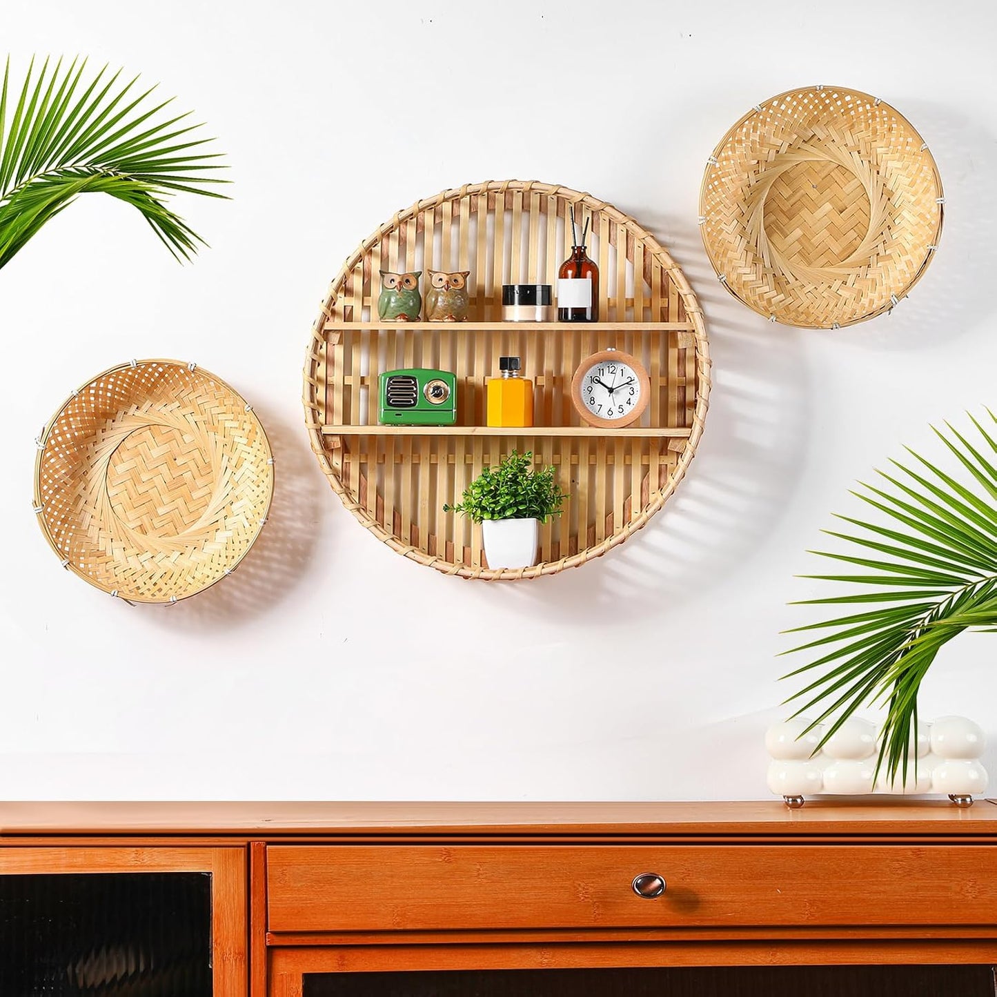 Wicker Baskets and Small Fake Plants Round / Set of 4