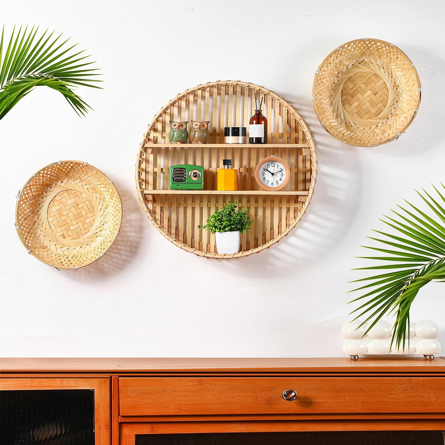 Wicker Baskets and Small Fake Plants Round / Set of 4