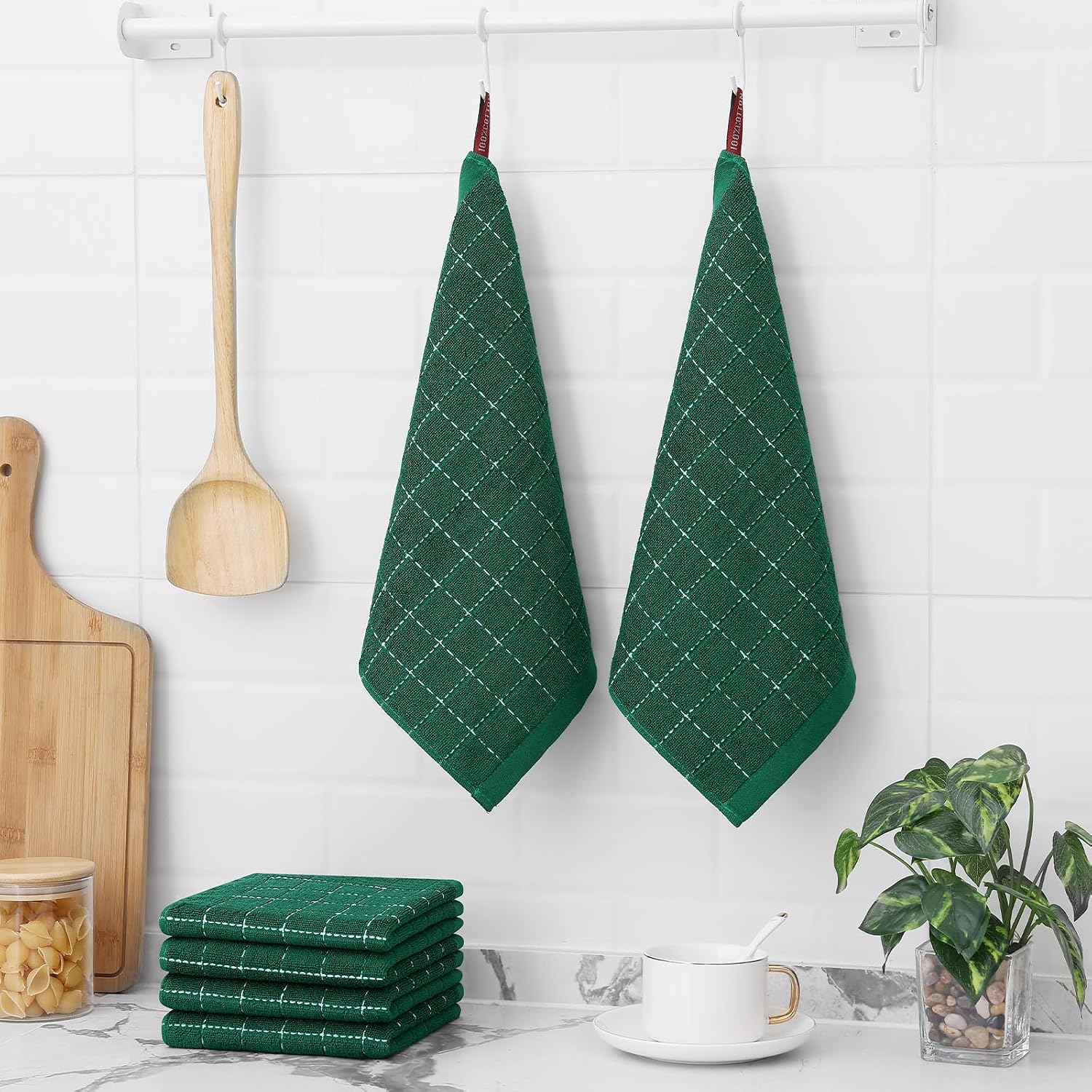 Homaxy 100% Cotton Terry Kitchen Dish Cloths, 12 Pack, Dark Green | Ultra Soft and Absorbent Dish Towels for Kitchen
