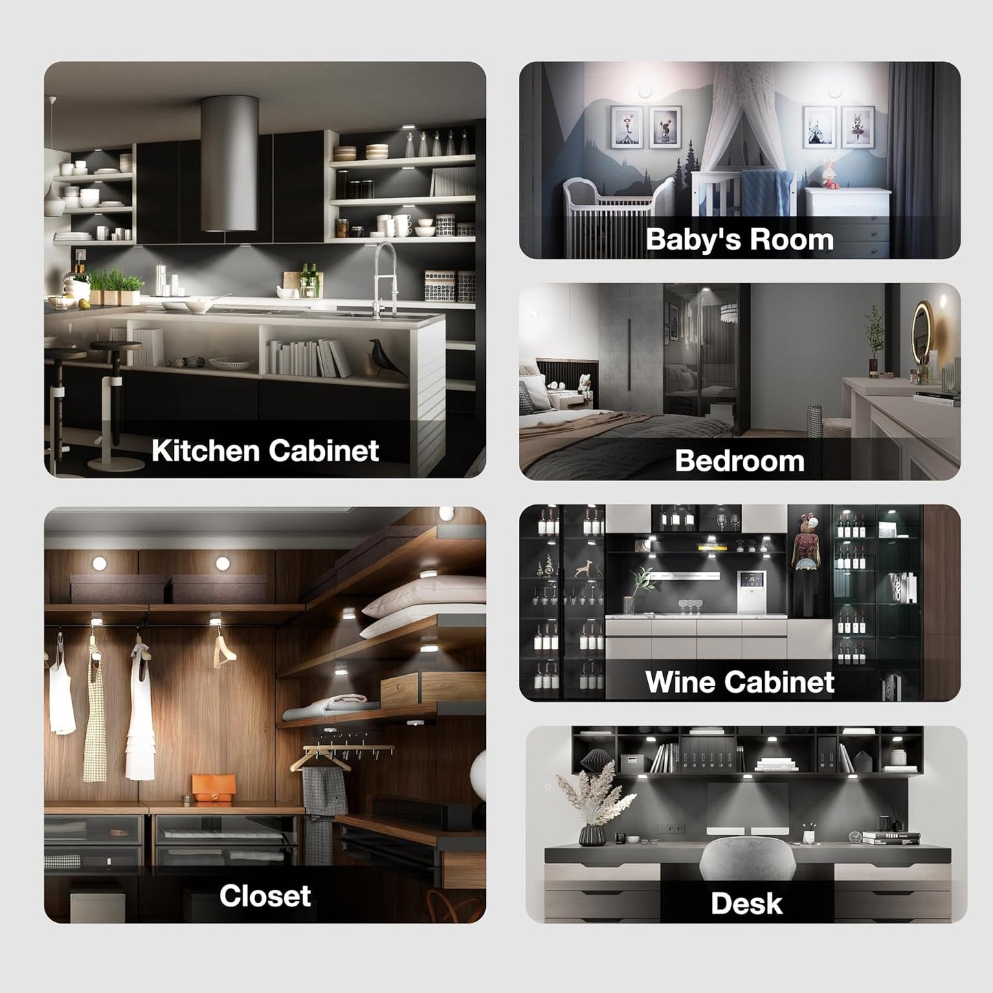 Puck Lights with Remote Control,Under Cabinet Lighting,Cool White,6 pcs | Stick On Lights,Magnetic,Cordless,1200mAh