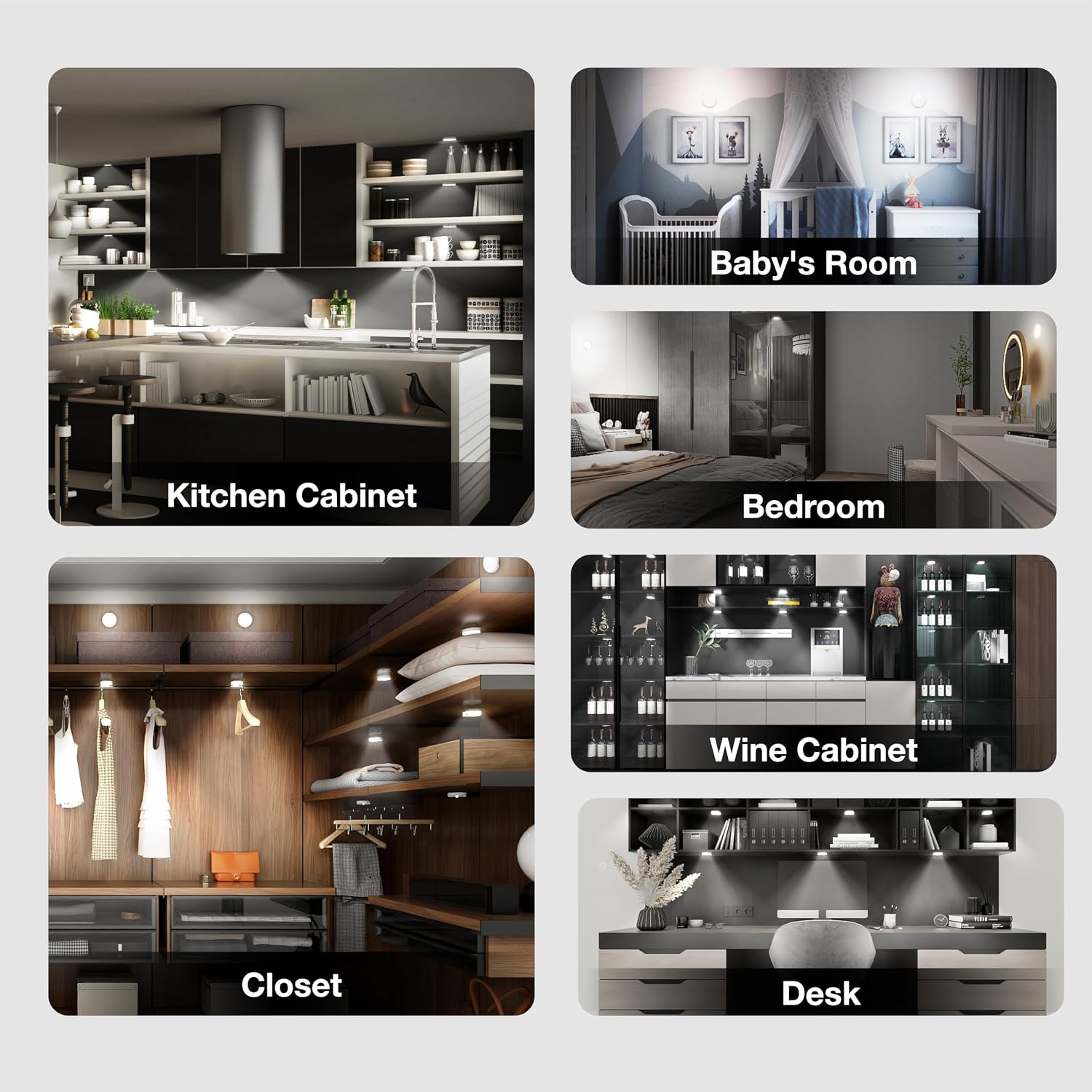 Puck Lights with Remote Control,Under Cabinet Lighting,Cool White,6 pcs | Stick On Lights,Magnetic,Cordless,1200mAh
