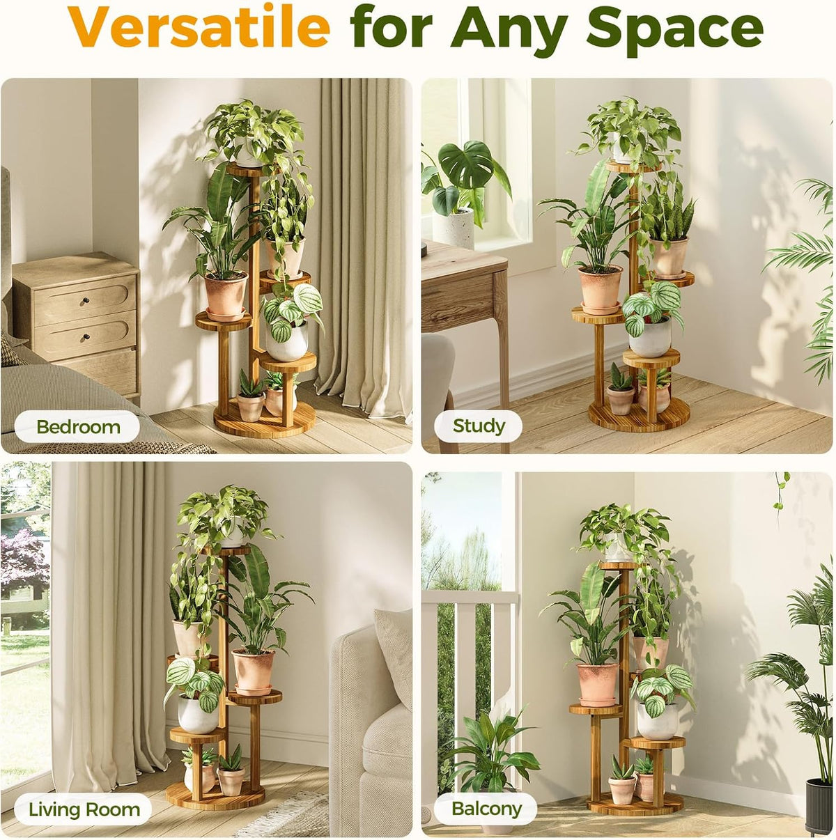 Bamworld Plant Stand Indoor Wood Plant Shelf 4 Tier Brown | plant holders for Multiple Plants Tall Corner Plant Stands