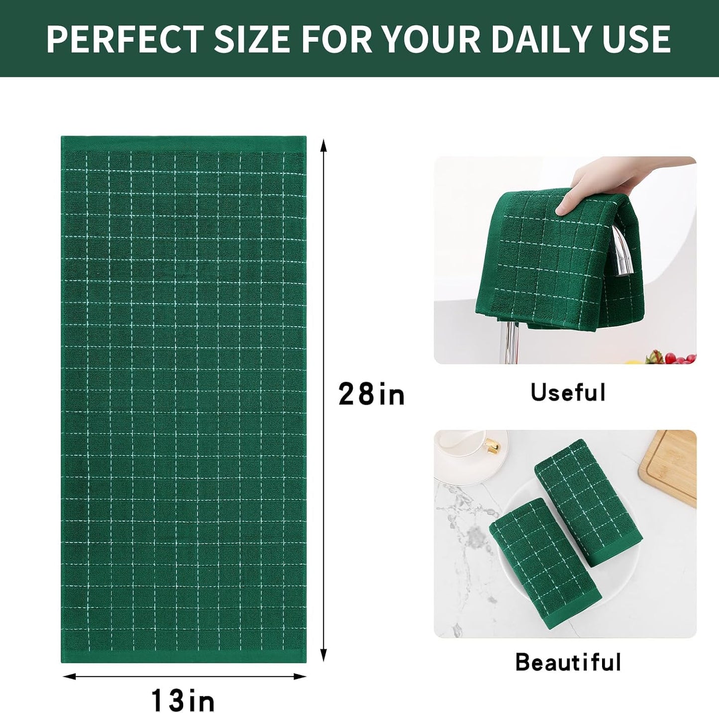 Homaxy 100% Cotton Terry Kitchen Towels, 12 Pack, Dark Green | Ultra Soft and Absorbent Dish Towels for Kitchen