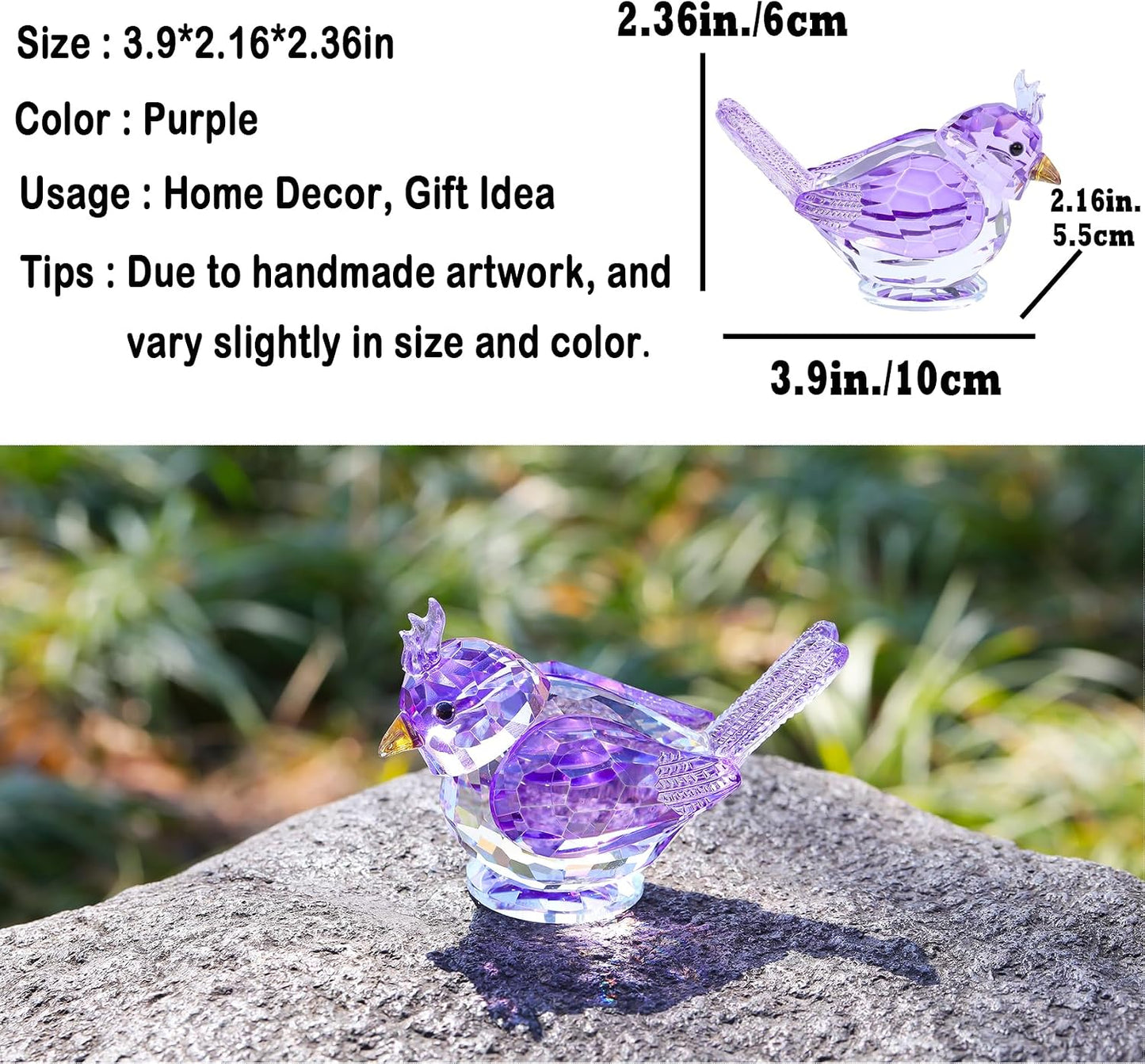 Crystal Bird Figurine Gifts for Women Art Glass Birds Collectible Statue for Animal Lovers / Purple