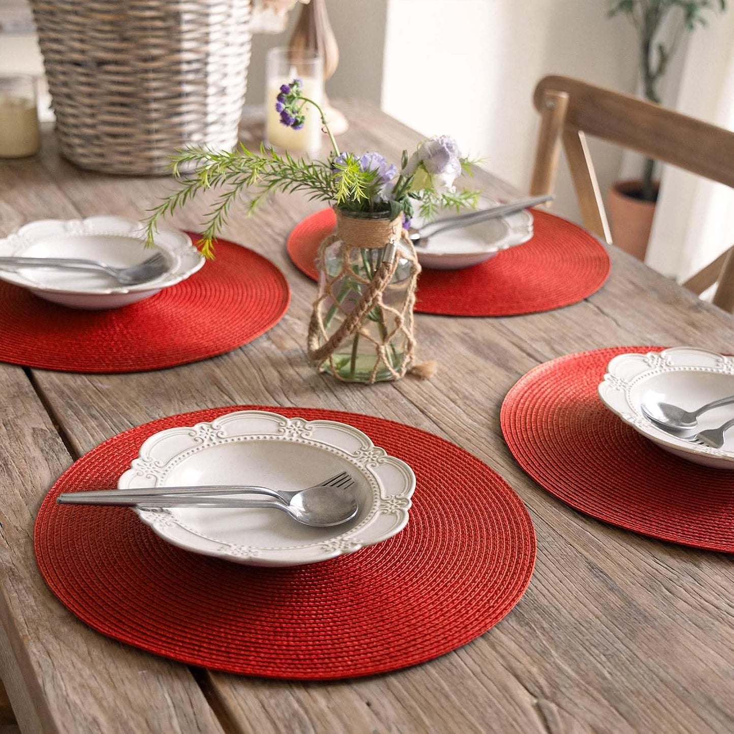 FunWheat Round Braided Placemats Set of 8 Place Mats for Dining Table Woven Washable Non-Slip Table Mats 15