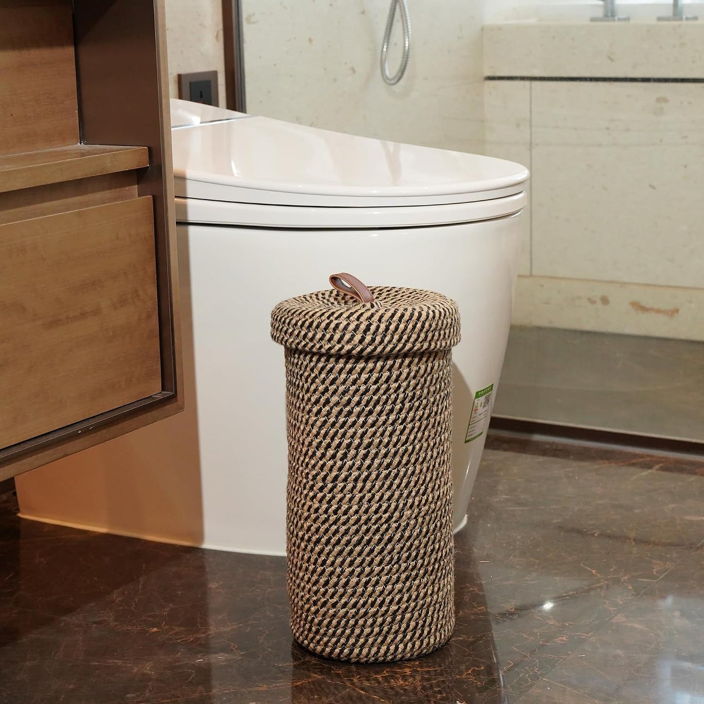 Handmade Cotton & Jute Toilet Paper Holder – Woven Toilet Paper Stand & Storage Basket with Lid, Freestanding Organizer