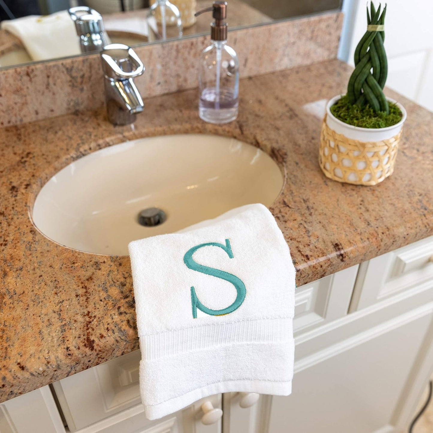 White with Teal Monogrammed Hand Towels for Bathroom - Set of 2 Letter S | Luxury Hotel Quality Initial Towels For