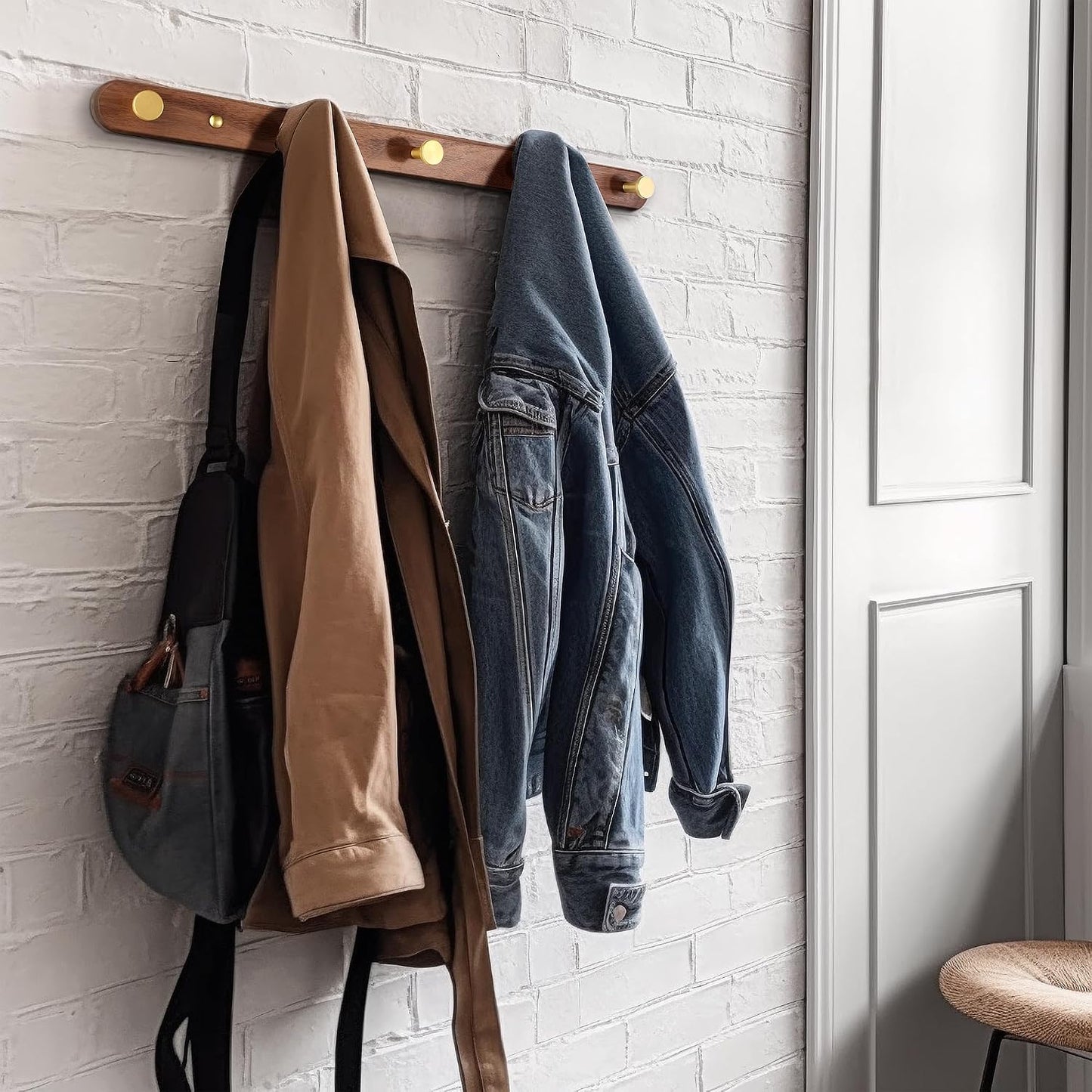 Wall Mounted Coat Rack, Metal Wood, with 5 Hooks | Walnut Gold Matt, For Coat, Scarf, Bag, Towel, Key, Cap, Hat