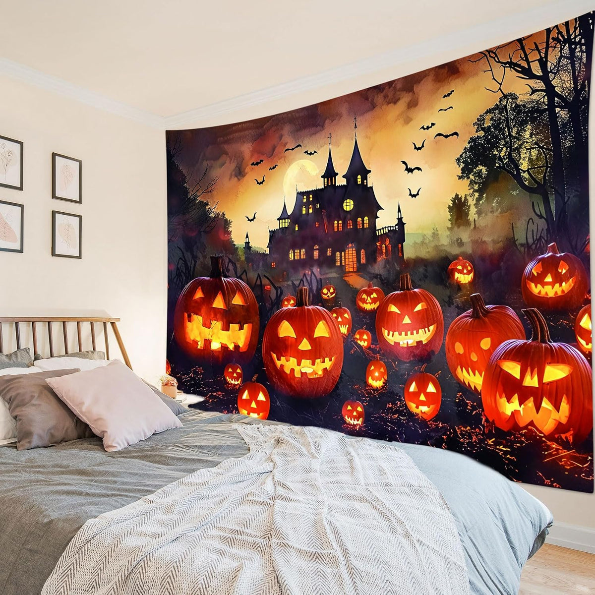 LB Halloween Tapestry Creepy Pumpkin Lantern Bat and Haunted Castle in Misty Forest Wall Tapestry for Bedroom Spooky Night Wall Hanging Tapestry Wall Art for Living Room Home Decor, 80 x 60 Inches