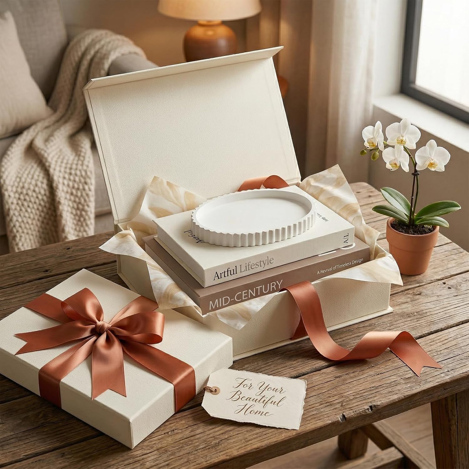 Decorative Book Box and Scalloped Tray Set / Ivory and White