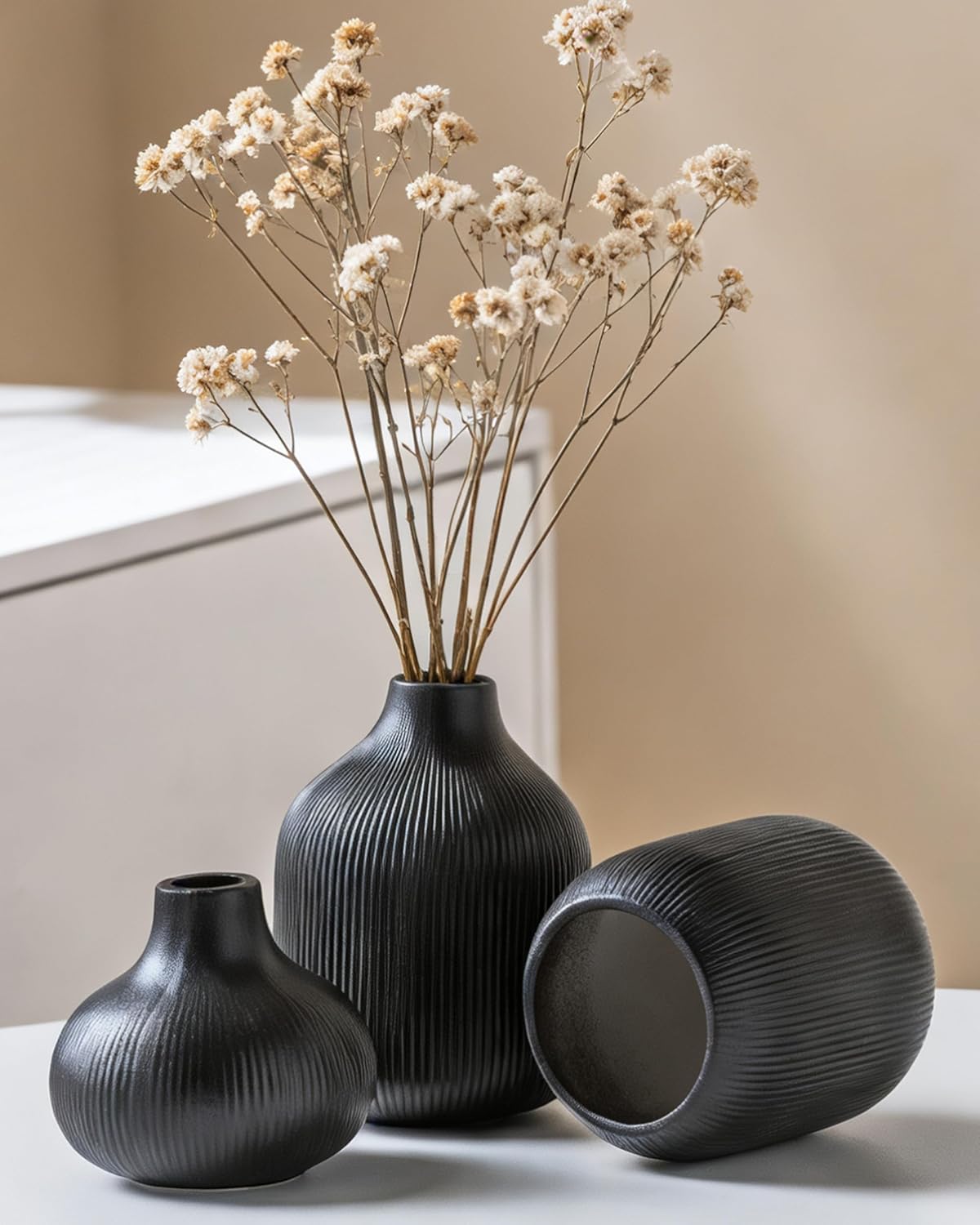 Black Ceramic Vase Set 3 Modern Style Decor Farmhouse Home Living Room Dining Table Room / 15 Black