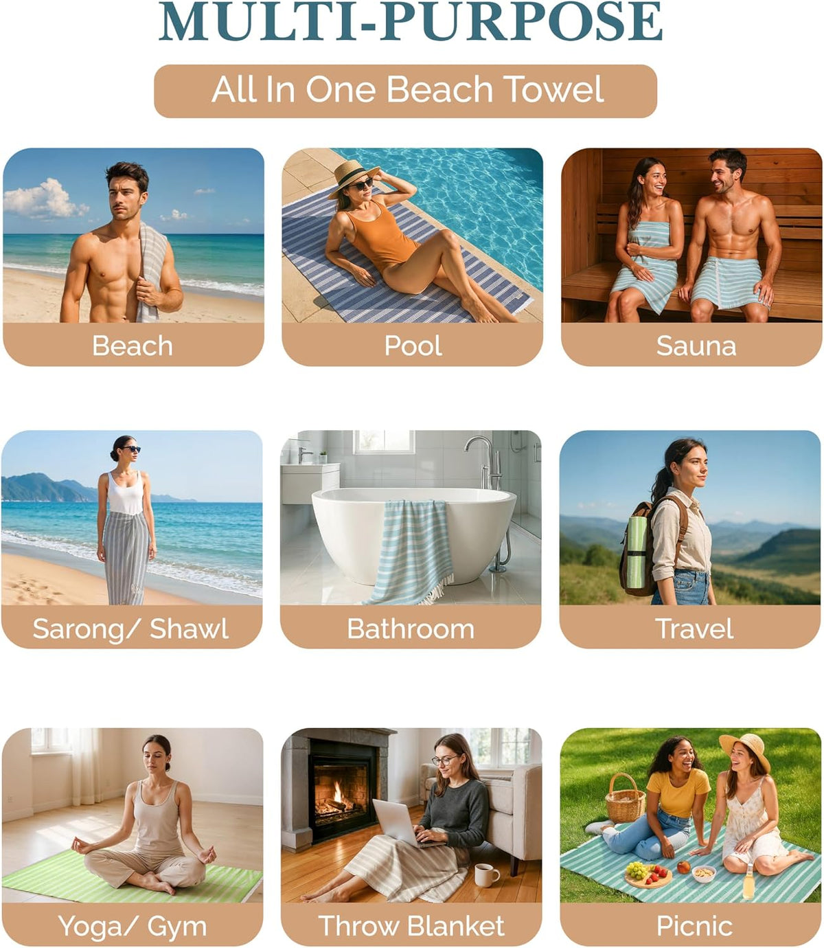 Casa Platino Turkish Beach Towels Set of 6, Sand Free 39"x71" - Beach Mix | Lightweight & Packable Beach Towels - for