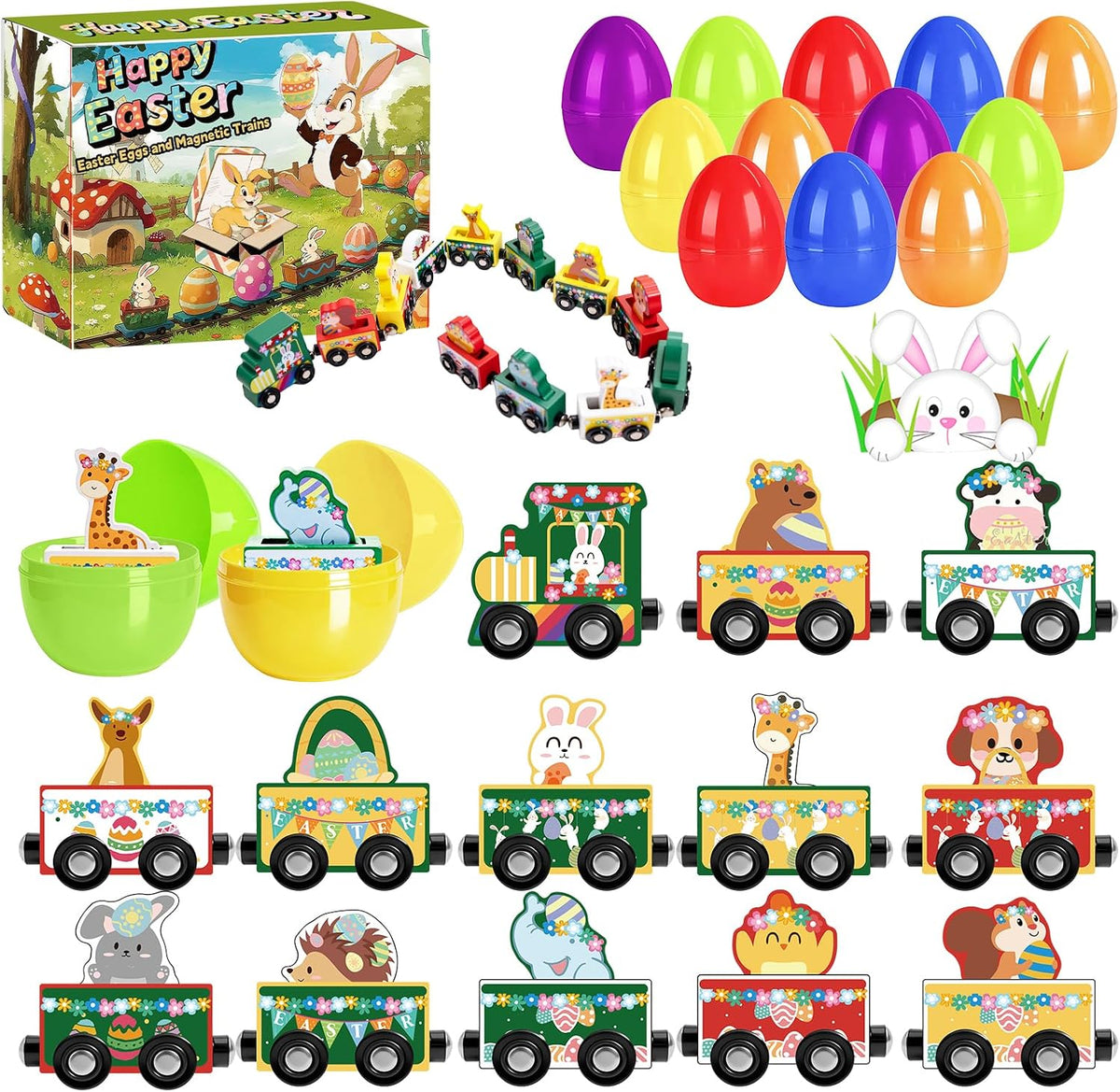 Easter Eggs Magnetic Wooden Animal Train for Kids,Easter Basket Stuffers,Easter Eggs Surprise Train,Montessori Magnetic Train Toy Christmas Countdown Gift for Toddlers,Boys and Girls (Train)