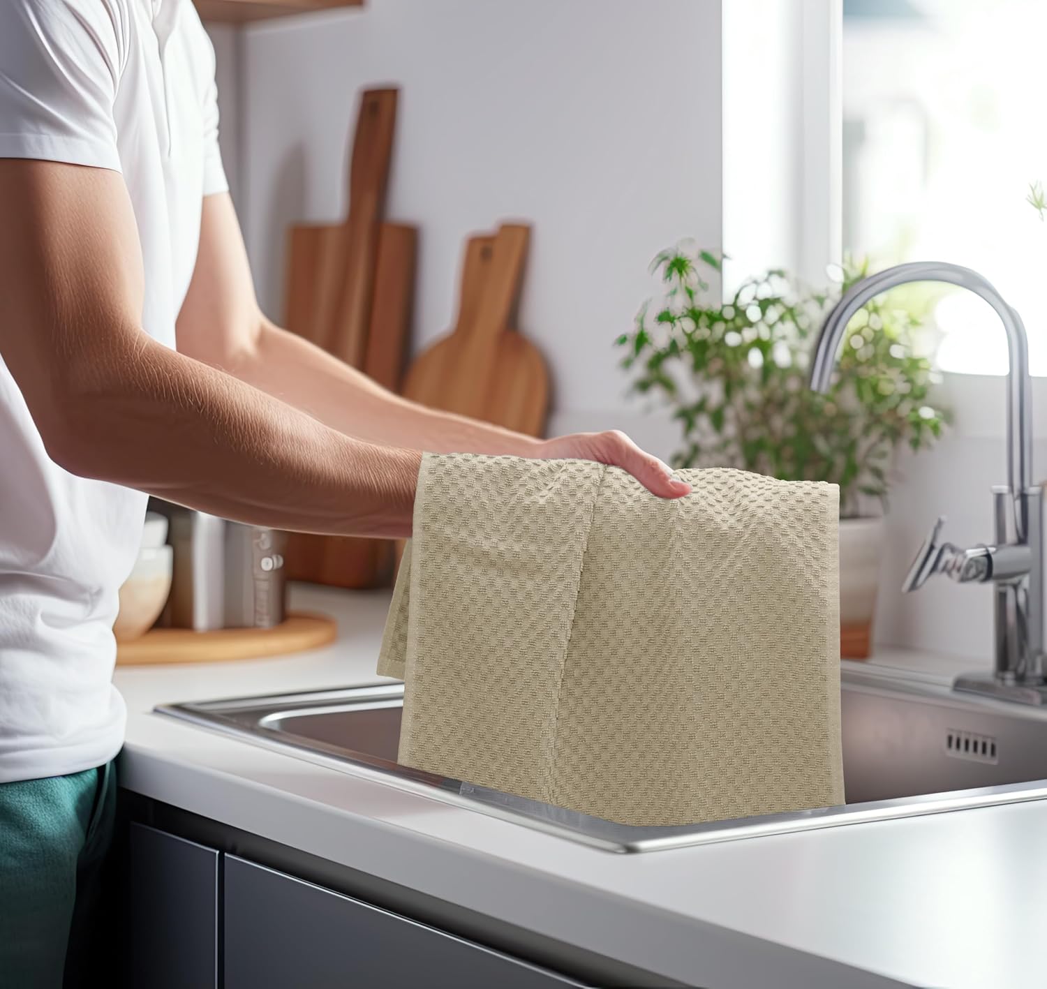 COTTON CRAFT Amazing Kitchen Towels - 8 Pack 100% Cotton Waffle Terry Towel | Beige - 16x28 inch Euro Café Waffle Weave