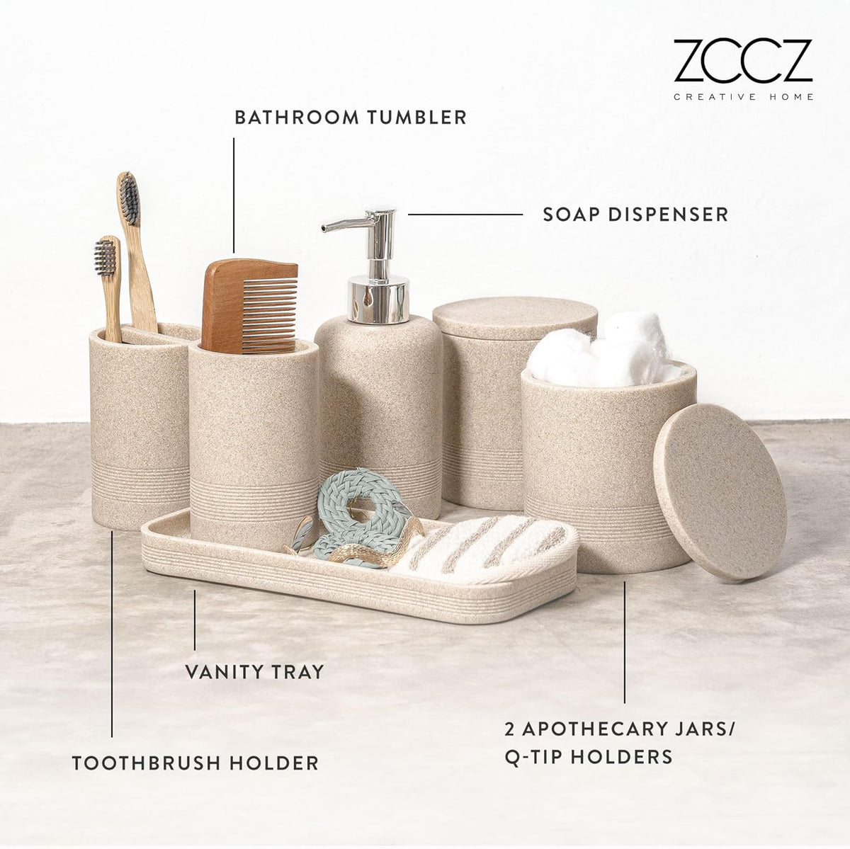 Beige Bathroom Accessories Set 6 Pieces - Toothbrush Holder, Lotion Dispenser, Qtip Container, Vanity Tray, Tumbler