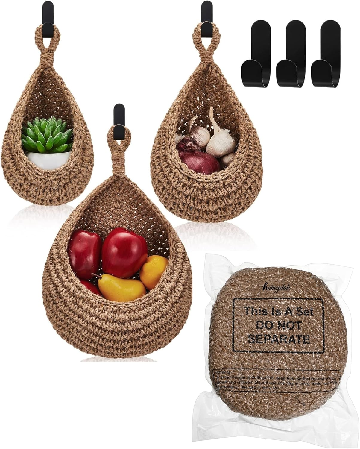 Boho Decor Hanging Wall Baskets / Linen / Jute / Teardrop / Set of 3