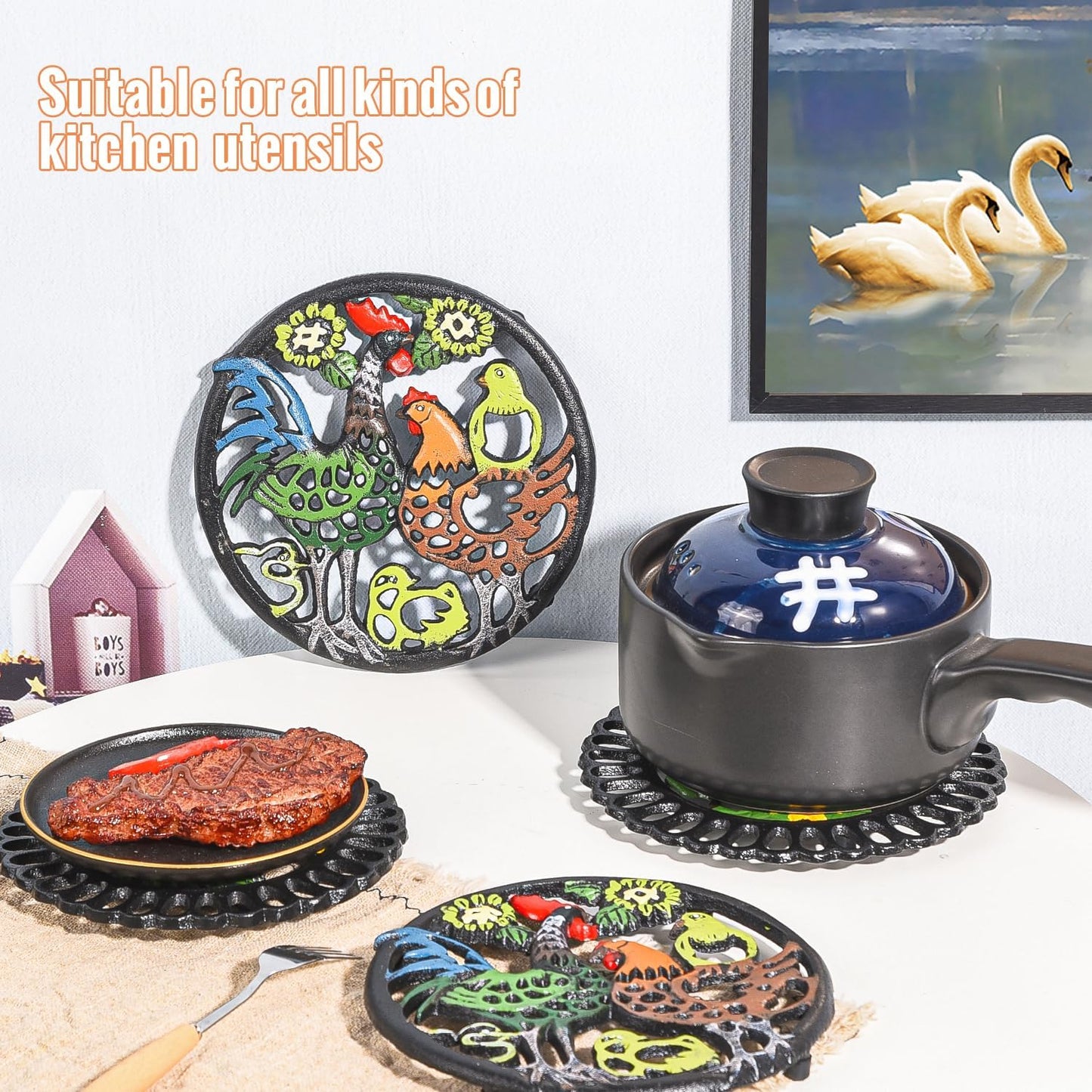 Sungmor Cast Iron Trivet for Wood Stove - Dia-8.1 Inch Rustproof Round Stands for Hot Pots/Dishes/Pans - Decorative