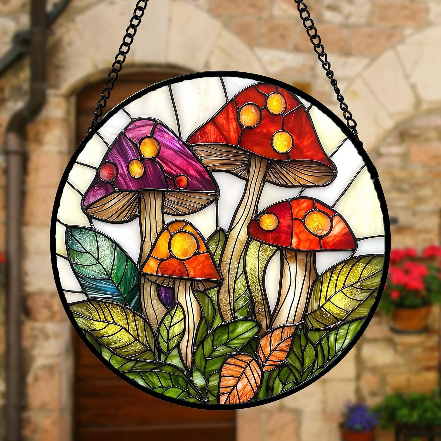 Stained Glass Window Hanging / Red and White / 6.3 x 6.3