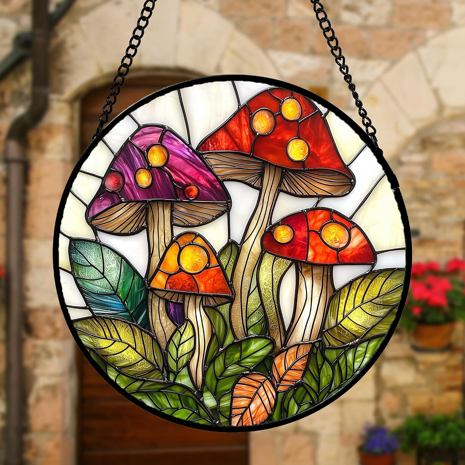 Stained Glass Window Hanging / Red and White / 6.3 x 6.3