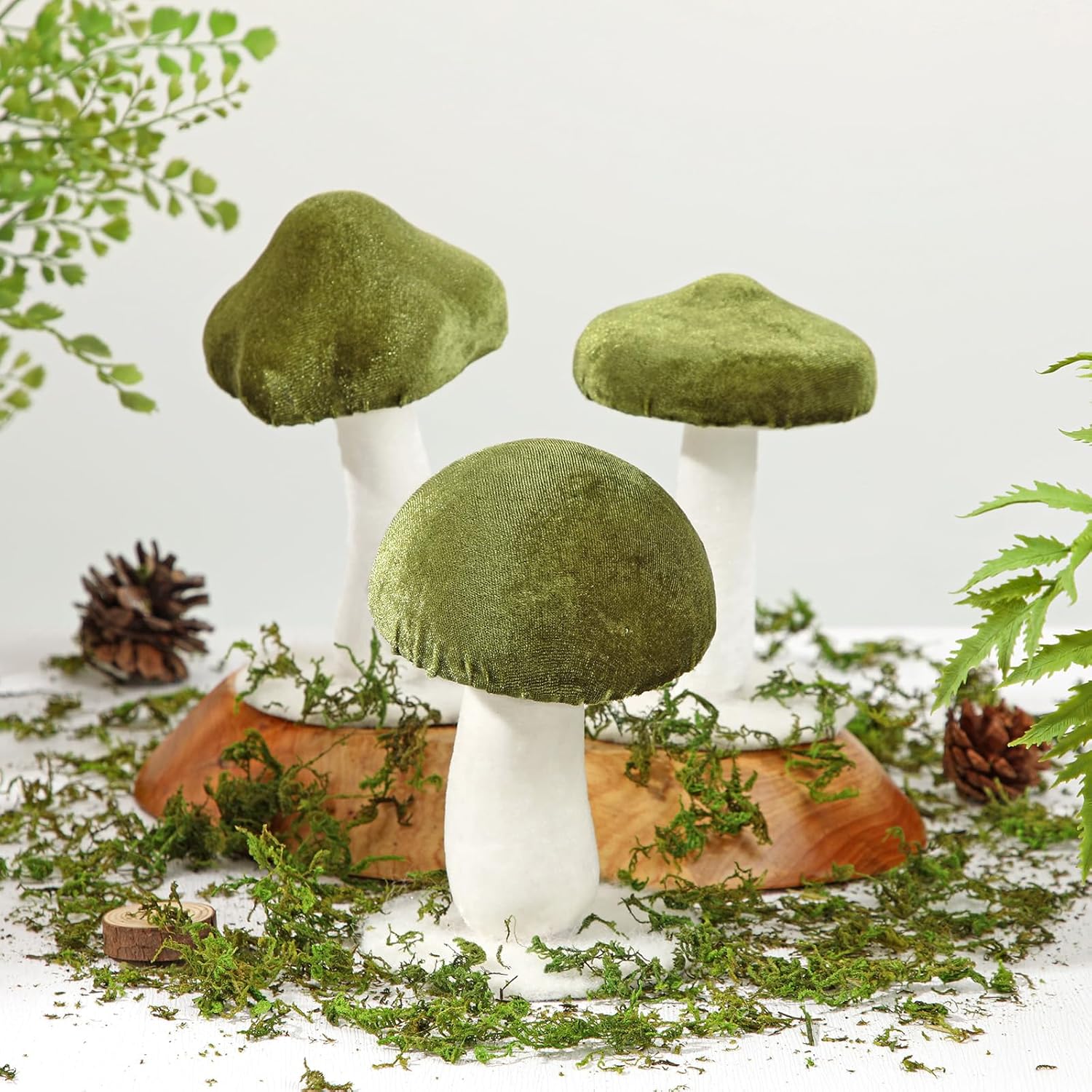 Velvet Mushrooms & White Artificial Mushroom Set Fake Fruits for Easter Home / Green / Set of 3