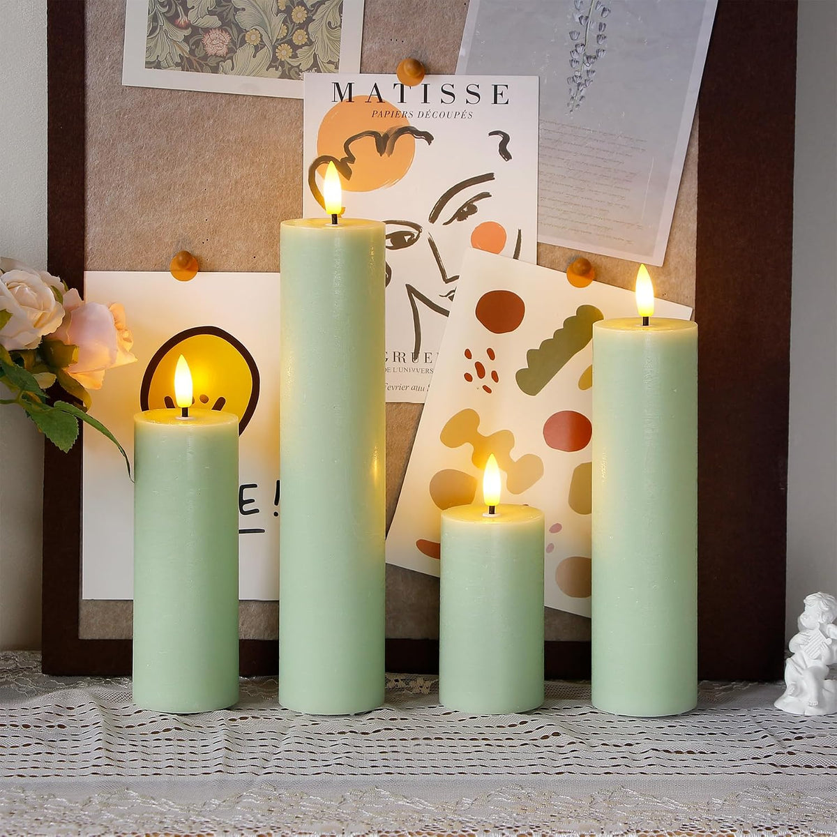 Flickering Flameless Pillar Candles with Remote Control and Cycle Timer,Sage Green Pack of 4 Battery Operated(Powered