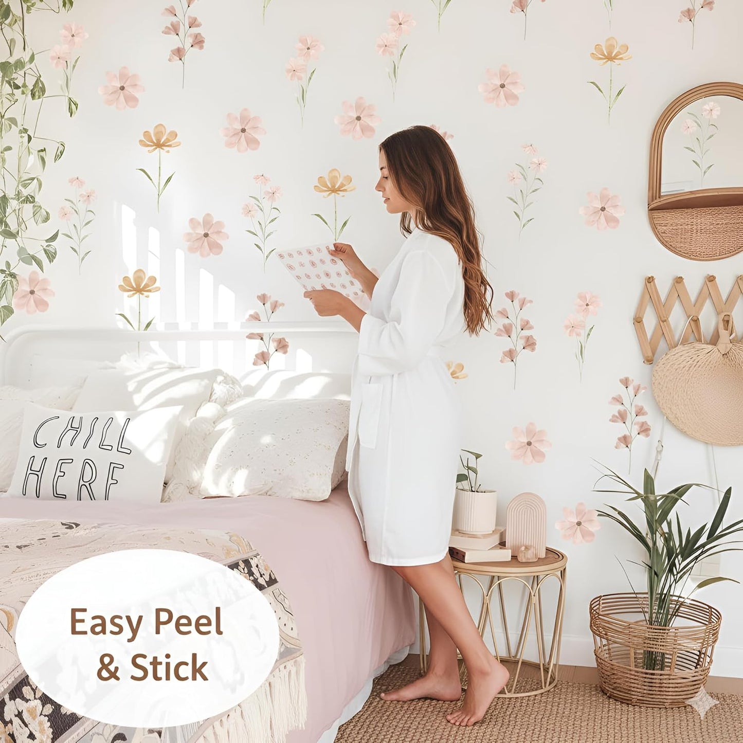 Boho Flower Stickers Daisy Wall Decals for Girls' Rooms / Boho Daisy Grey / Set of 48