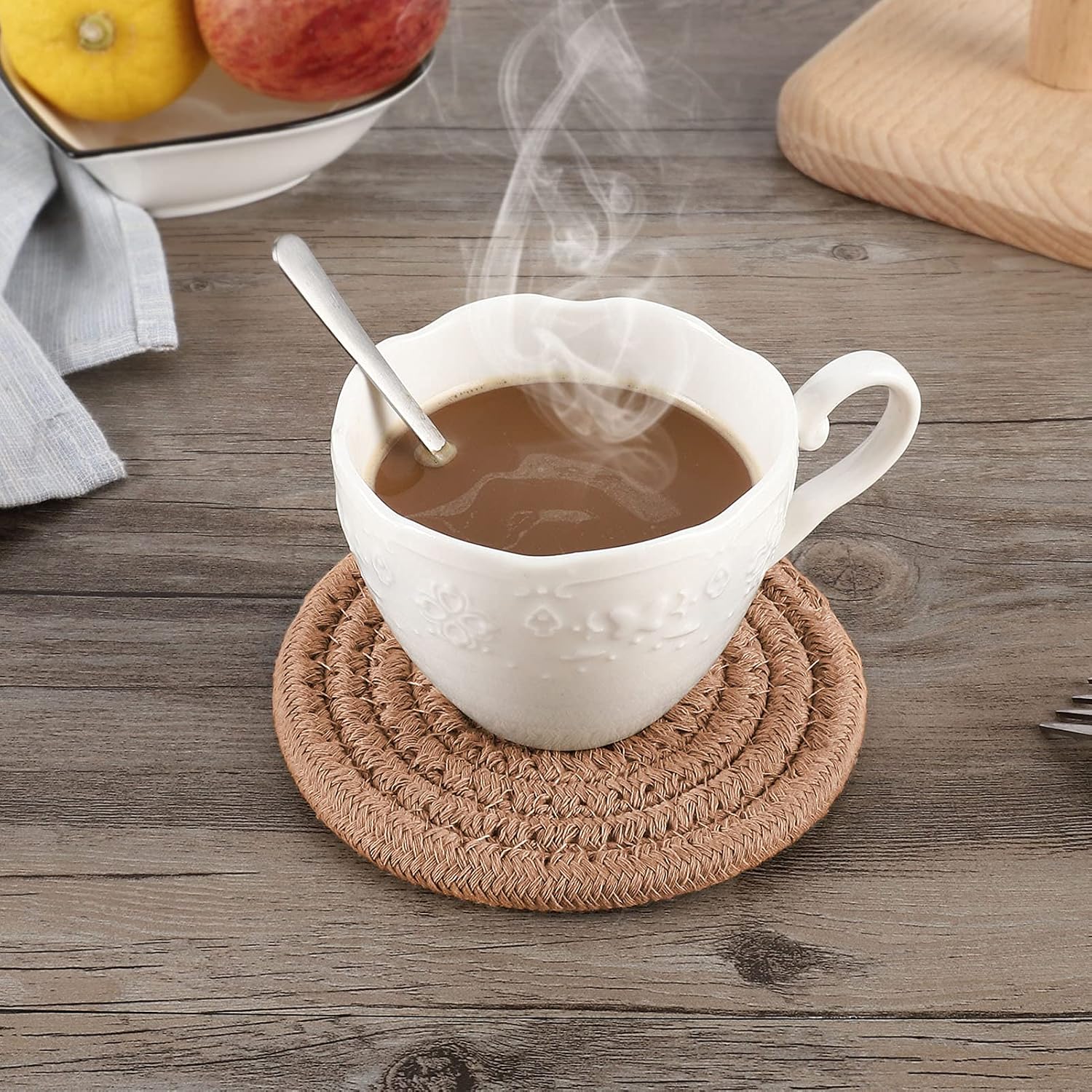 Holder / Cotton Woven Absorbent Coasters for Drinks / Brown / Set of 8