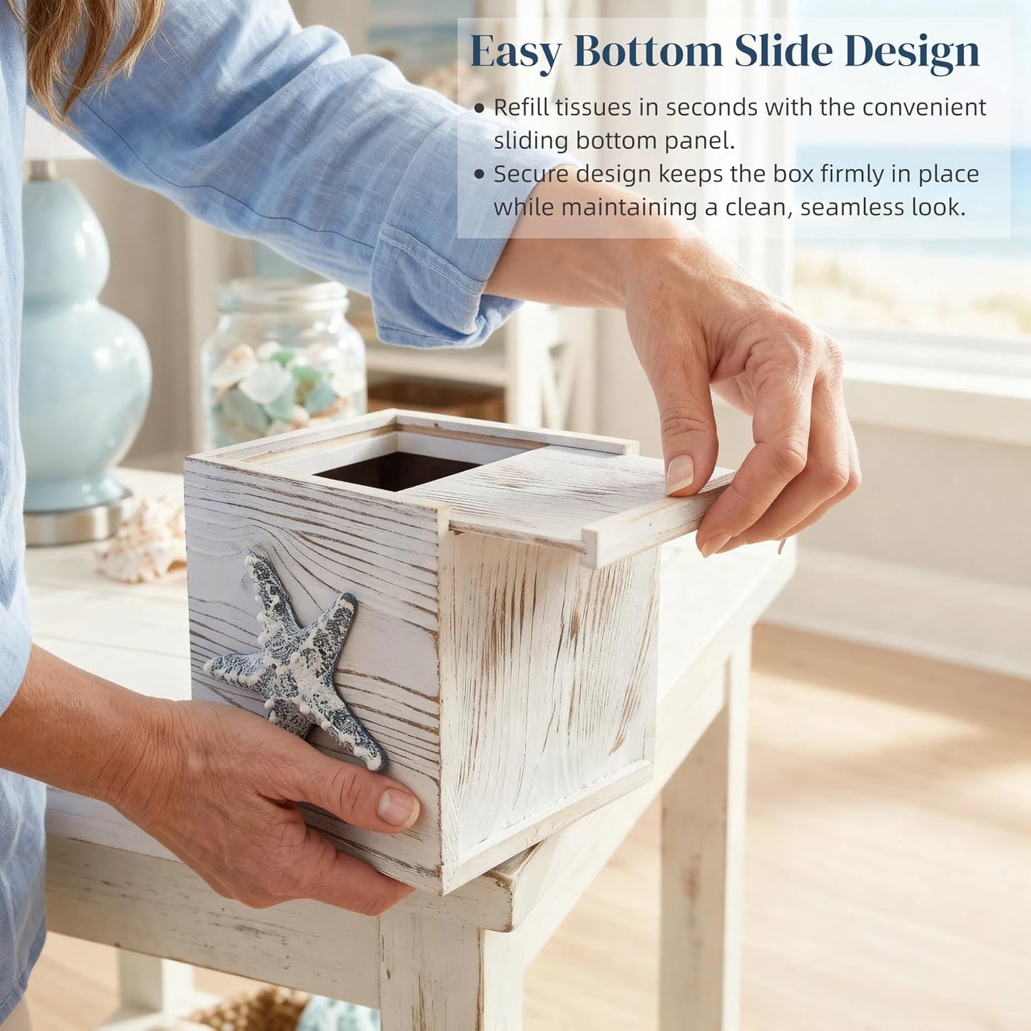 Coastal Tissue Box Cover Wooden Retro / Starfish