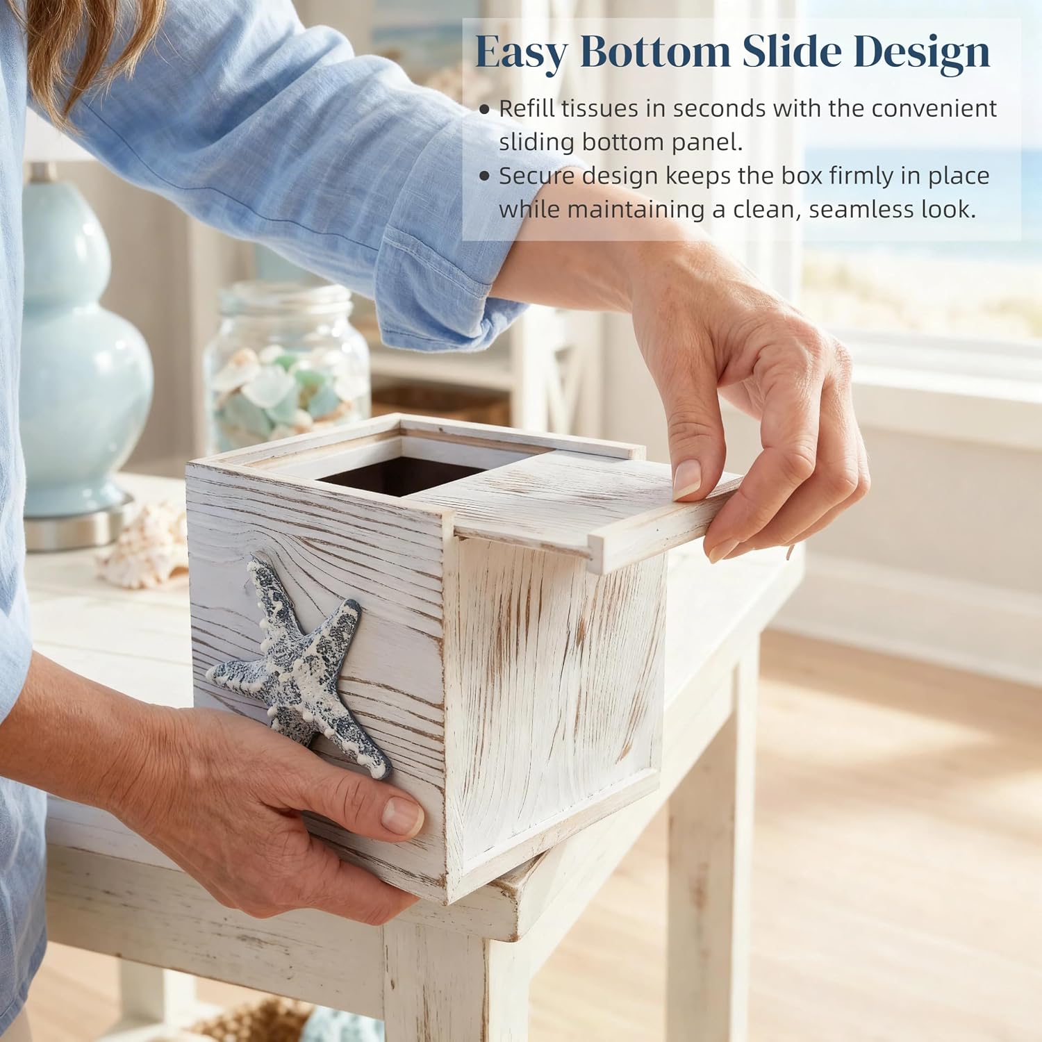 Coastal Tissue Box Cover Wooden Retro / Starfish