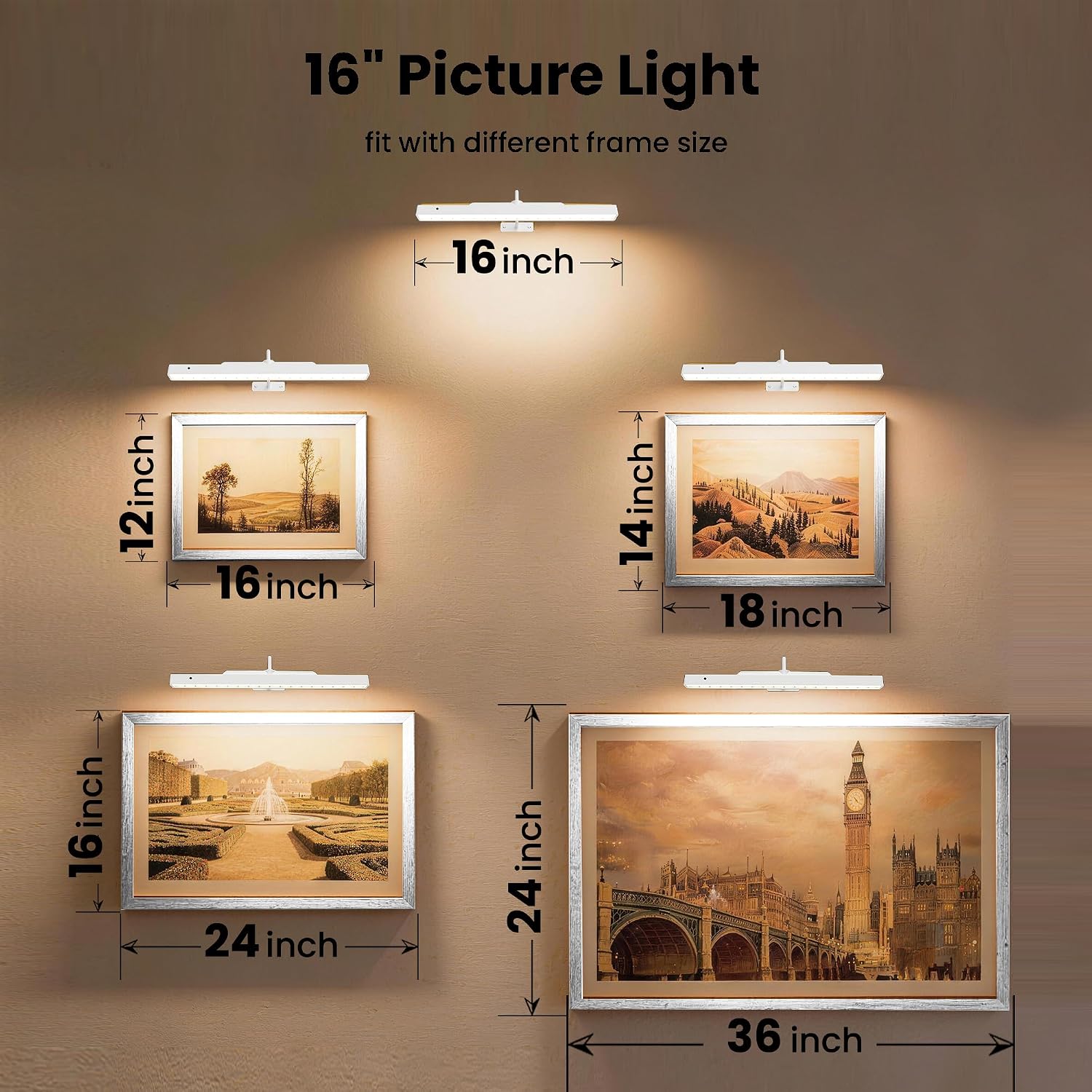 Cordless White Picture Lights for Wall Artworks - Wireless Remote, 3 Modes Dimmable 350LM Above Frame Lighting, 5000mAh