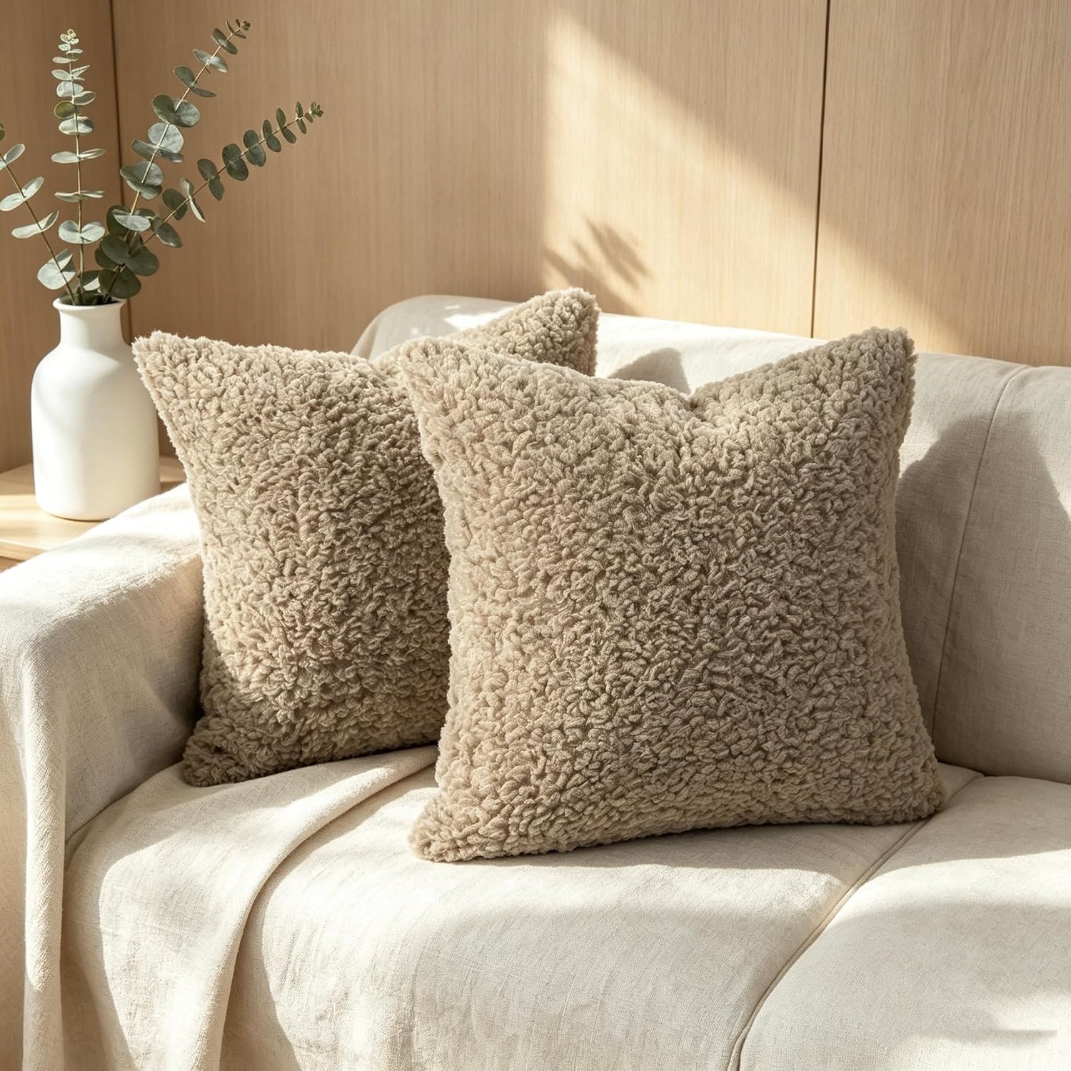 Faux Fur Decorative Pillow Covers Soft Fluffy Sherpa Boucle Throw / Brown / 18 x 18 / Set of 2