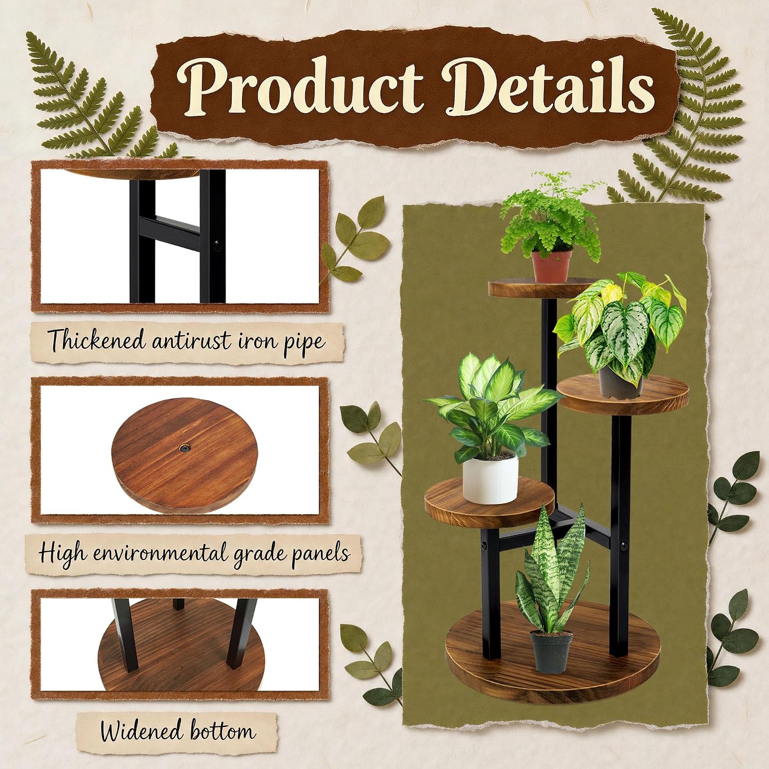 3 Tier Plant Stand Indoor | Metal Wood Plant Stands For Indoor Plants Multiple, Corner Tiered Flower Plants Shelf Stand