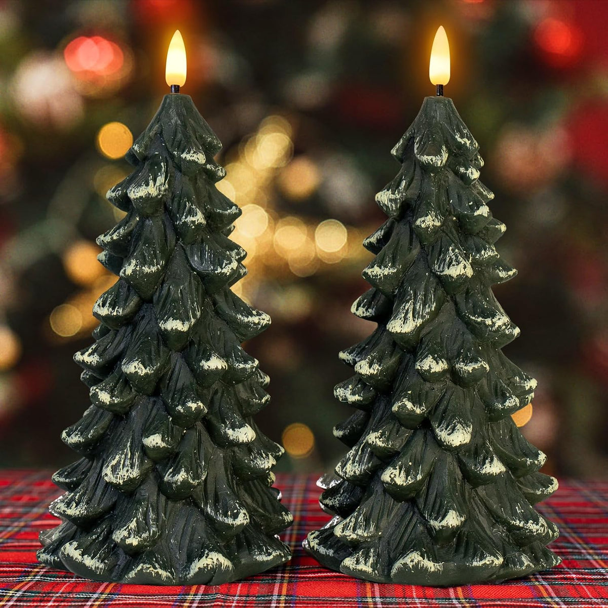 Christmas Tree Shaped Flickering Flameless Candles, Green Real Wax Battery Operated LED Candles with Timer for Christmas Home Party Decoration Christmas Gift Set of 2