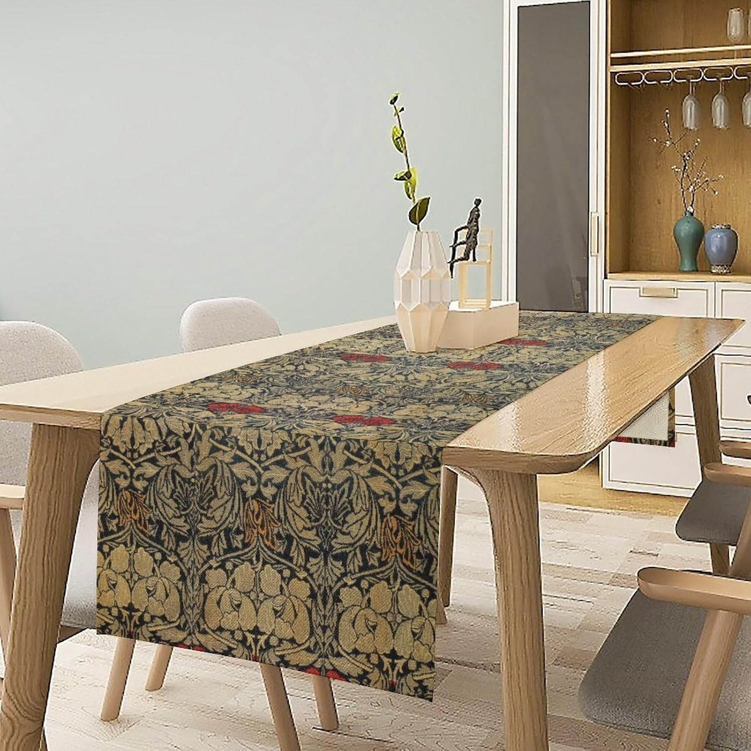 William Morris Red Flower Table Runner Vintage Flowers Boho Botanical Printed Linen Table Runner for Home Kitchen