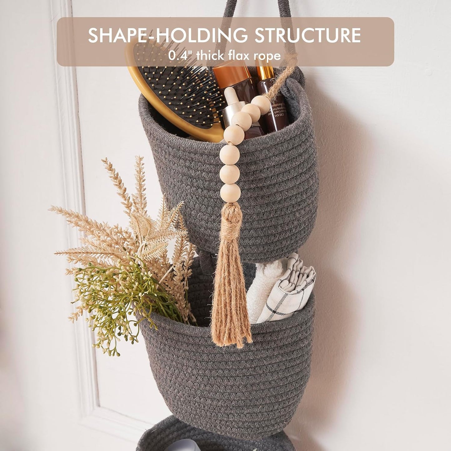 Woven Baskets Pouches Set Boho Style Wall Mounted Bag / Gray & Black / Small