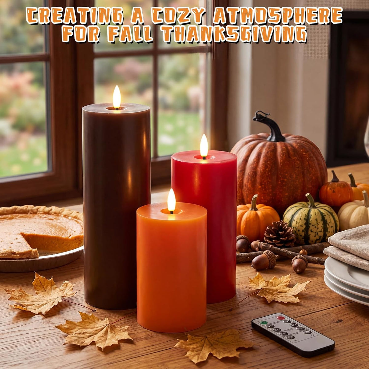 3 Pcs Fall 6/8/12 Inches Flameless LED Candles with Remote and 2/4/8h Timer Red Orange Brown Battery Operated Wax