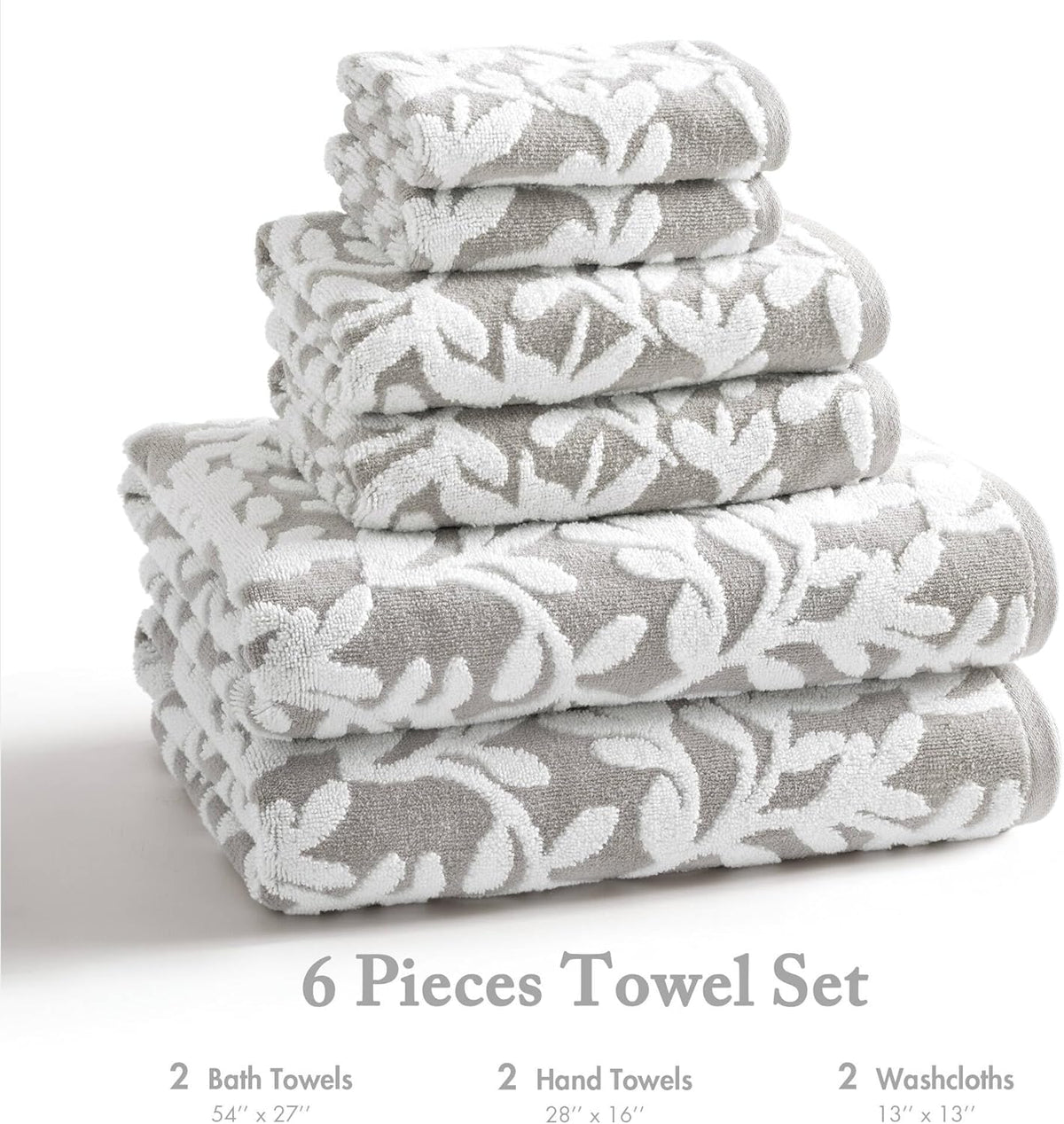 Madison Park Skyler Floral Decorative Bath Towel Set, 6 Piece, Grey | Zero Twist Cotton, Quick Dry, Ultra Soft, Plush