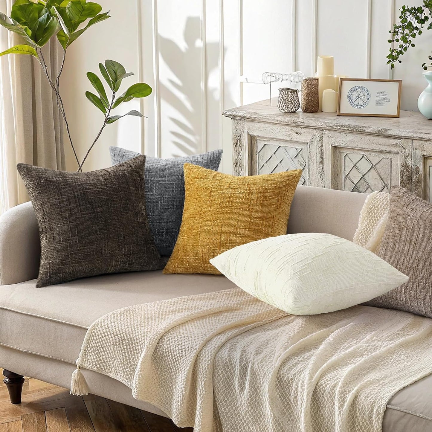Fall Chenille Throw Pillow Covers Textured Soft Slubby Couch Pillow / Dark Grey / 18 x 18 / Set of 2