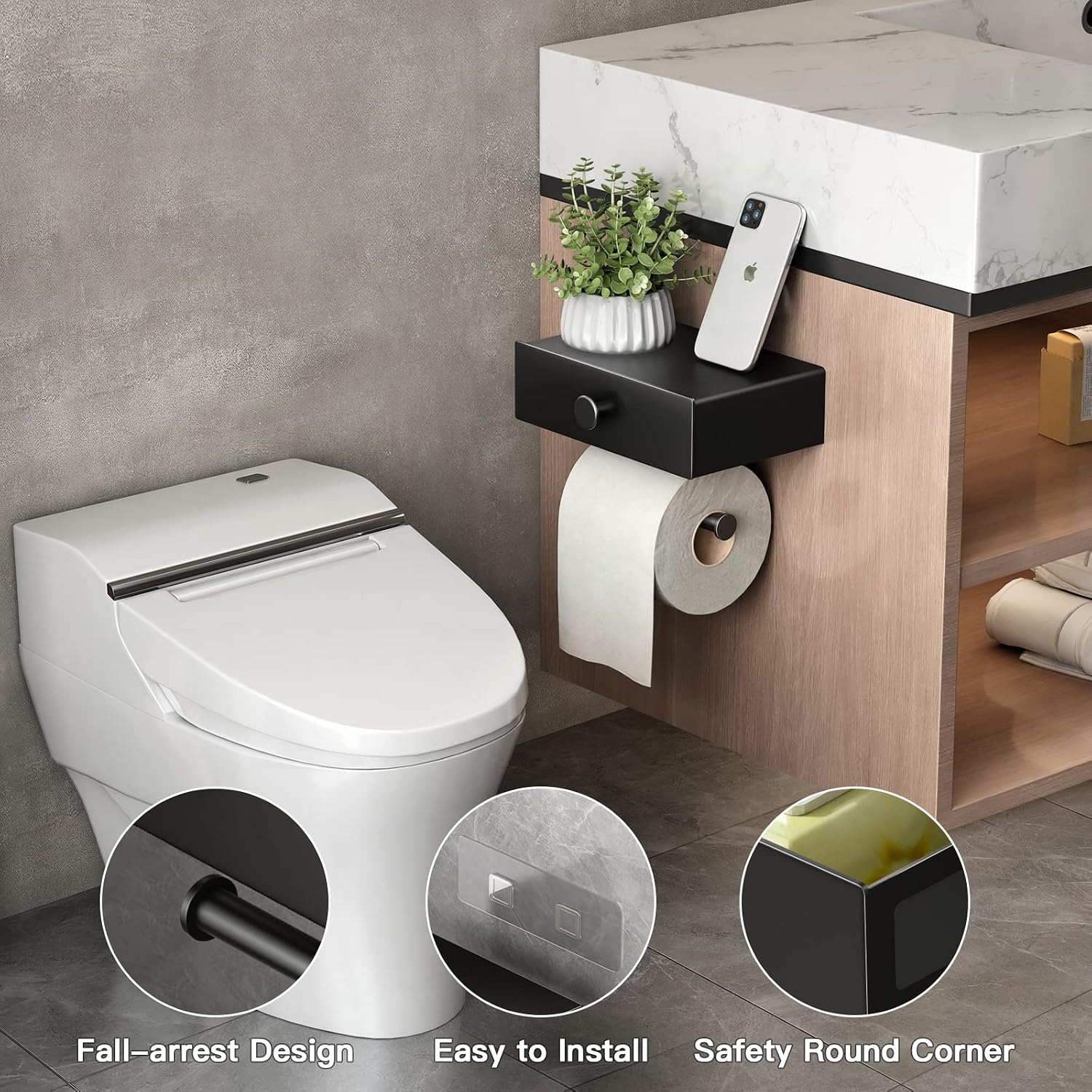 VOLDRA Toilet Paper Holder with Shelf Black Wipes Dispenser for Bathroom Toilet Paper Holder with Storage Upgrade