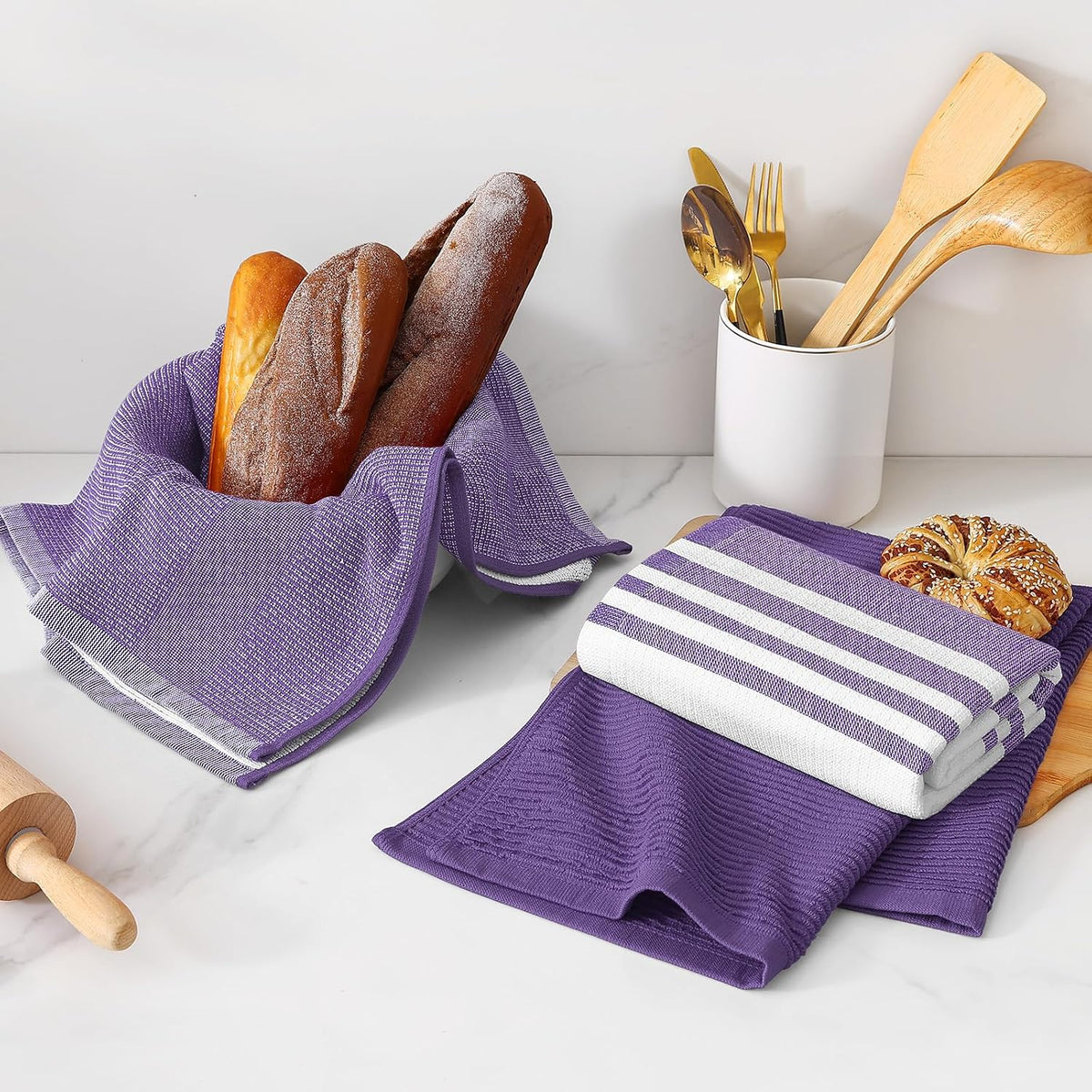 Homaxy Cotton 380 GSM Premium Kitchen Towels, 18"x 28", 9 Pack, Purple | Soft and Absorbent Terry Dish Towels