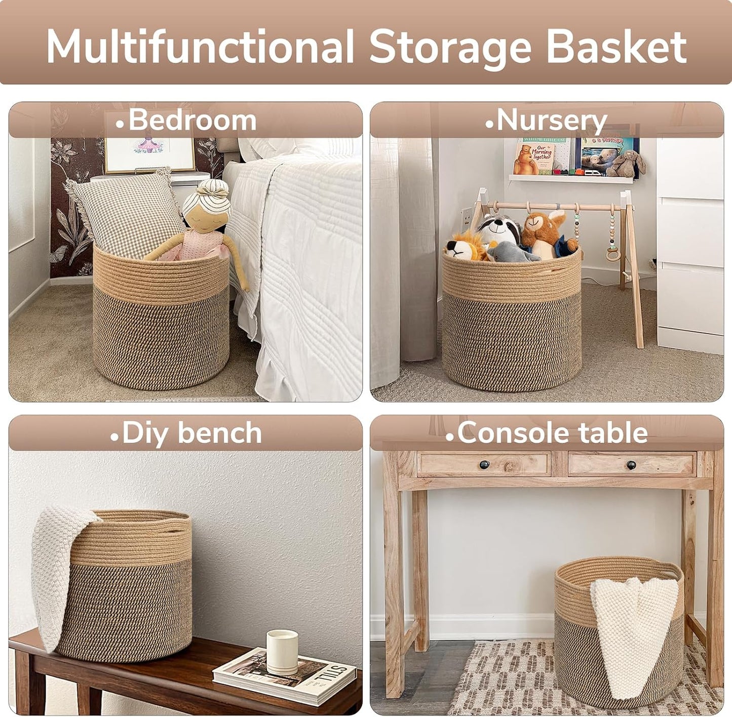 Large Cotton Rope Basket " Wicker Basket for Blankets / Black & Jute / 15.8 x 15.8 x 13.8