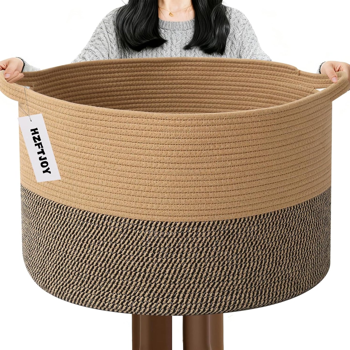 65L Large Blanket Basket,Rope Woven Laundry Baskets-Jute&Black